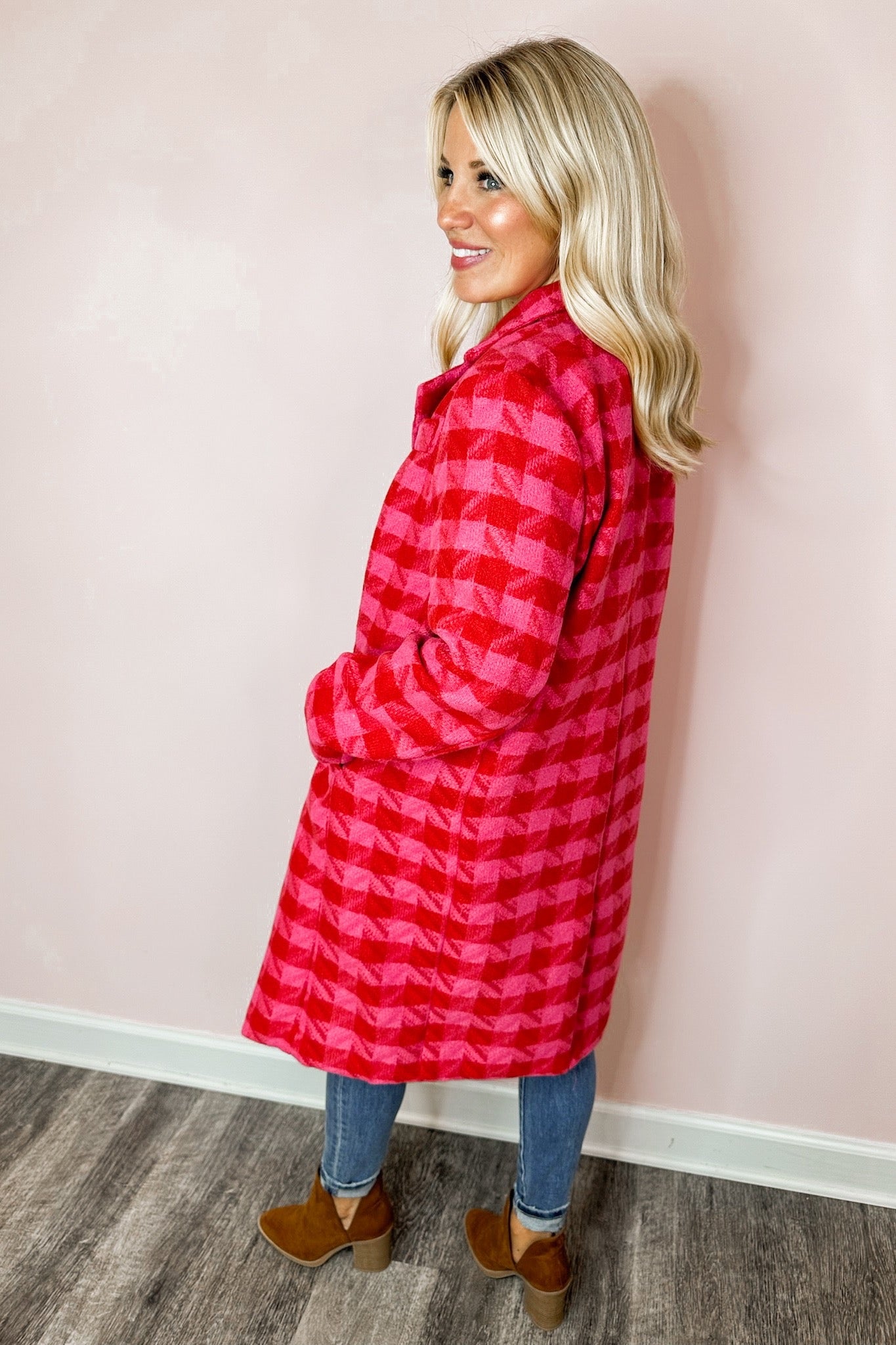 Pink & Red Gingham Faux Wool Pocketed Trench Coat