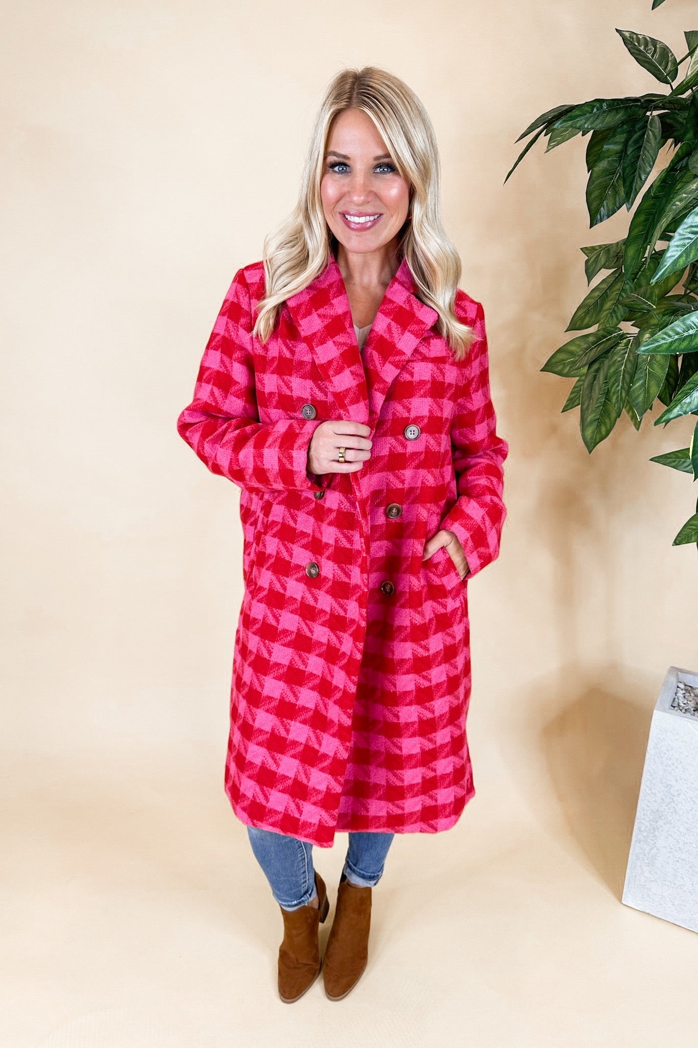 Pink & Red Gingham Faux Wool Pocketed Trench Coat