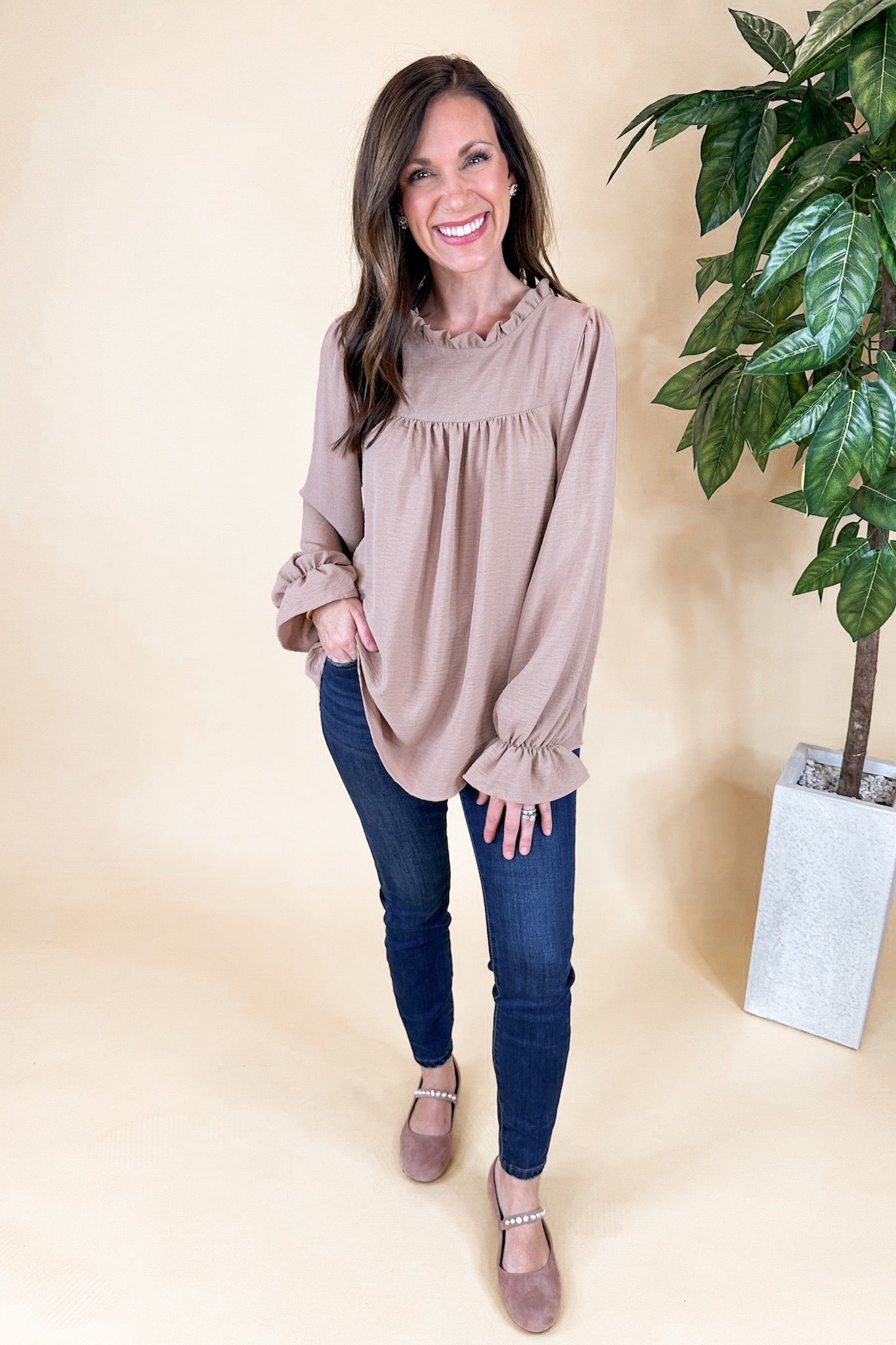 Closet Staple Ruffle Neck Poet Sleeve Top in Tan