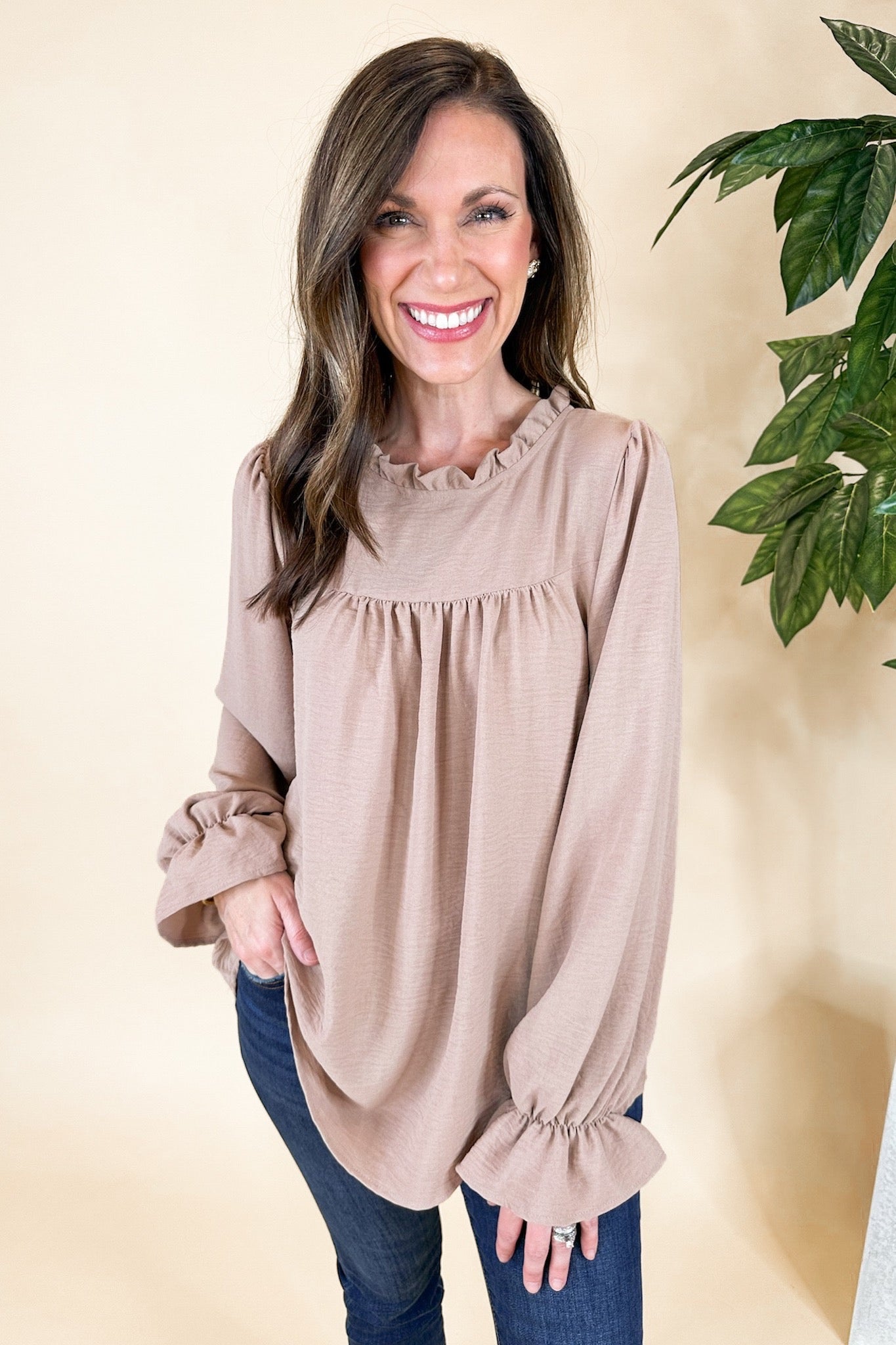 Closet Staple Ruffle Neck Poet Sleeve Top in Tan