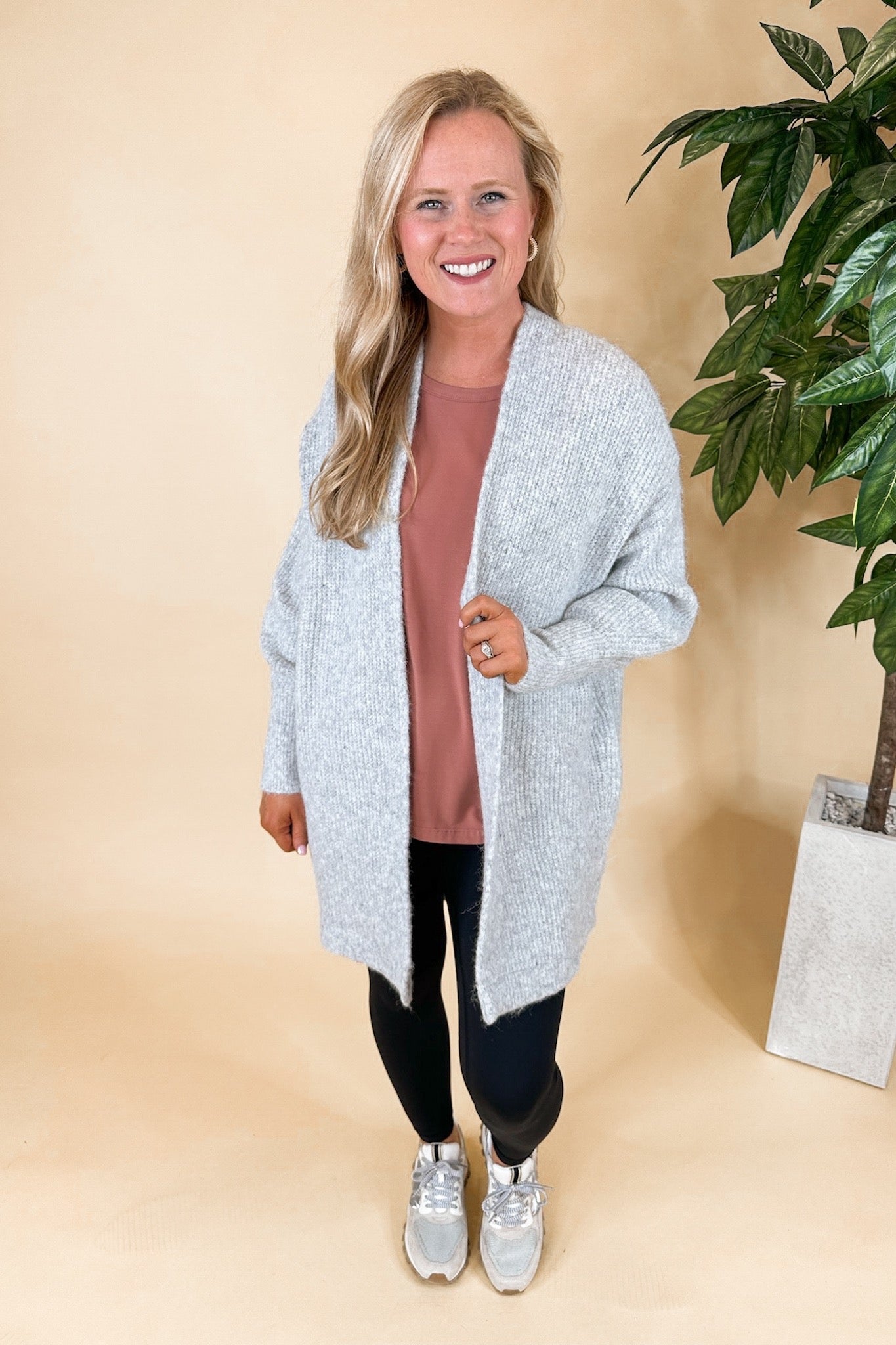 Oversized Heather Grey Wool Blended Lantern Sleeve Cardigan