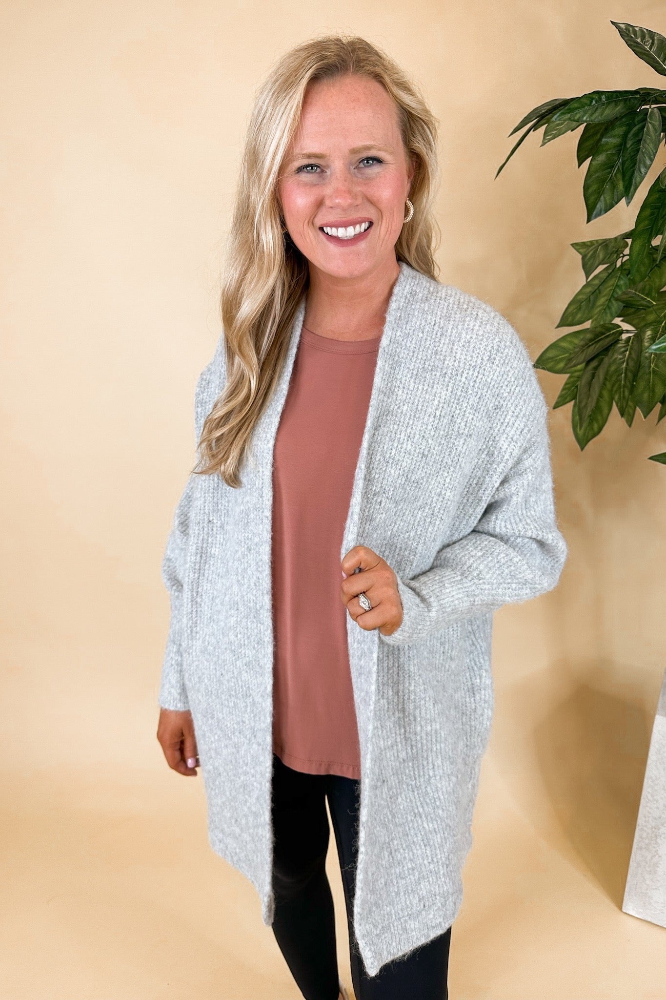 Oversized Heather Grey Wool Blended Lantern Sleeve Cardigan