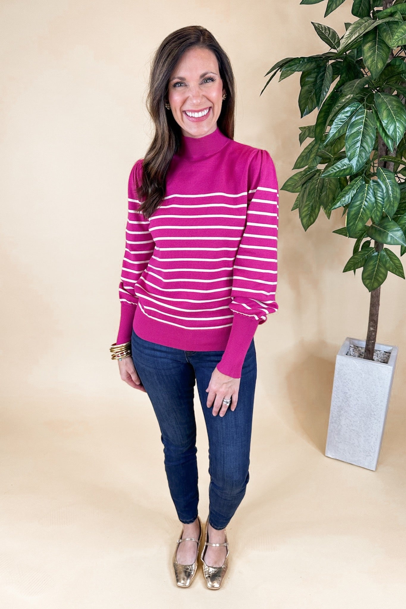 White Striped Puff Lantern Sleeve Magenta Top