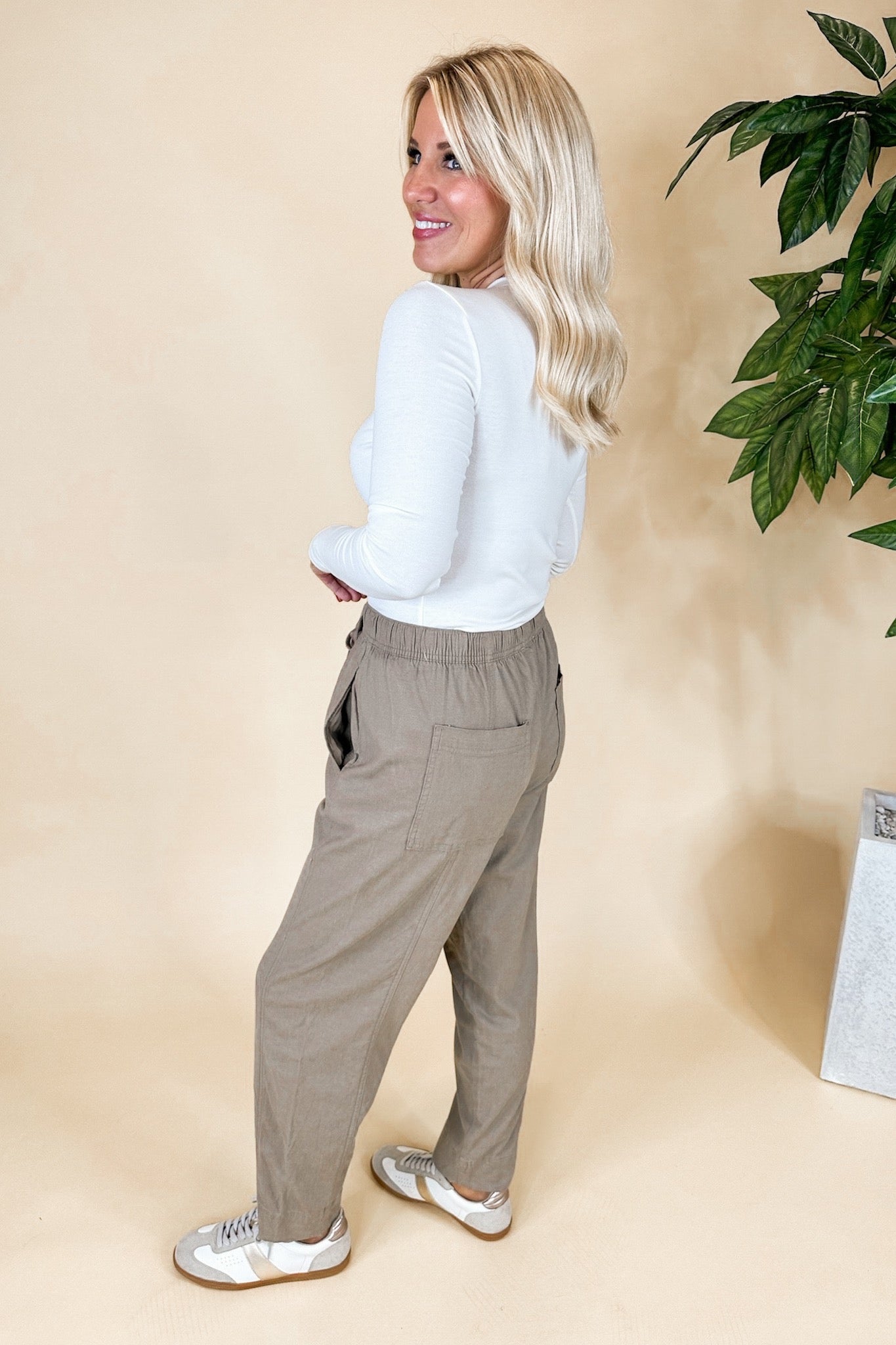 Linen Drawstring Waist Pocketed Mocha Wide Leg Pants