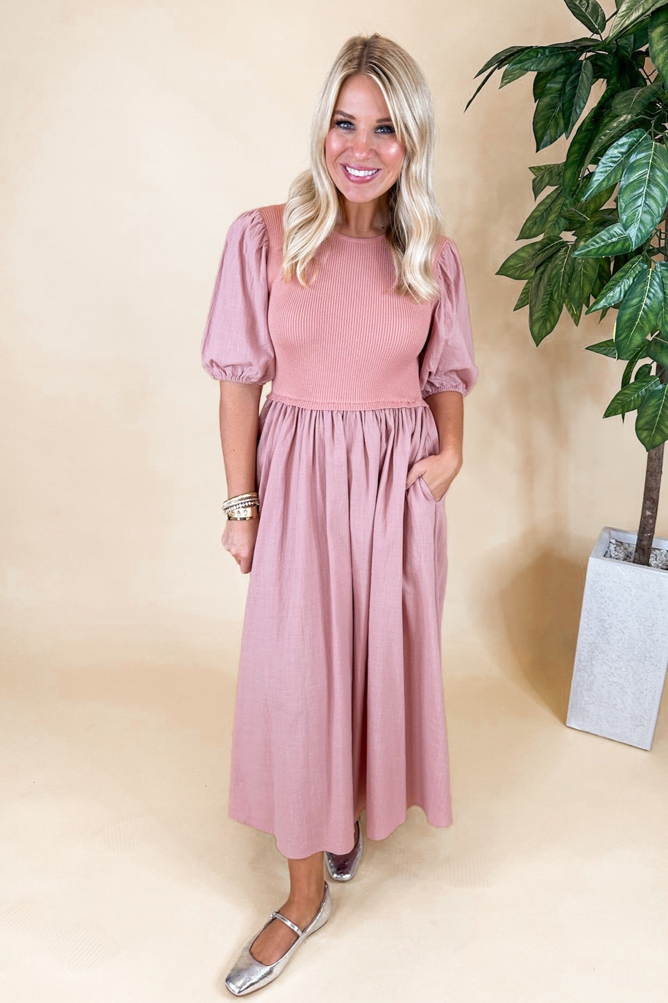 Dusty Peach Linen Bubble Sleeve Contrast Midi Dress