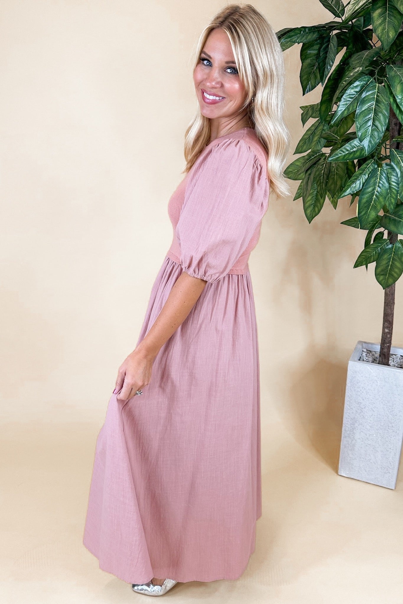 Dusty Peach Linen Bubble Sleeve Contrast Midi Dress