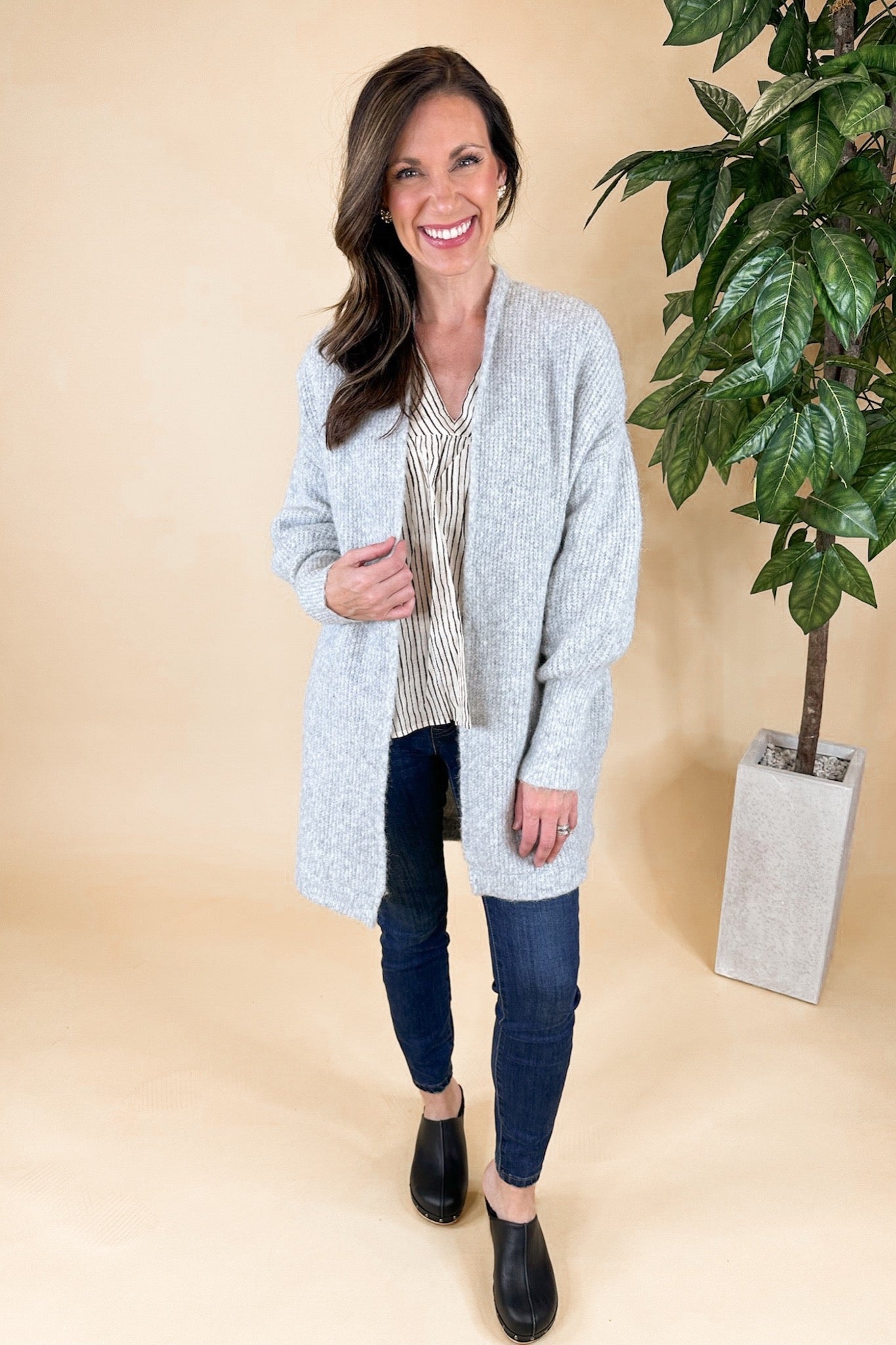 Oversized Heather Grey Wool Blended Lantern Sleeve Cardigan