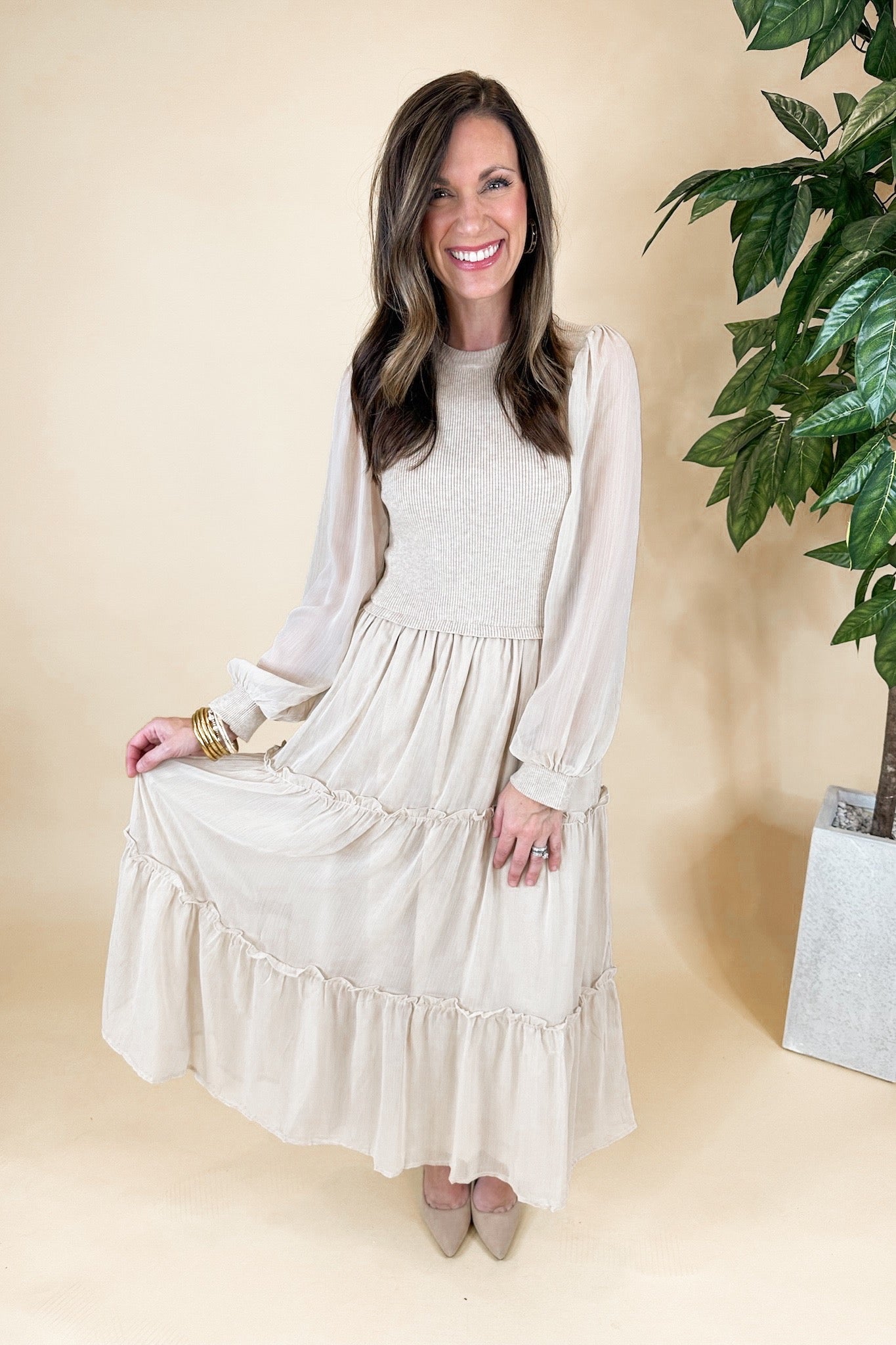 Neutral Ribbed Scoop Neck Sheer Sleeve Tiered Midi Dress