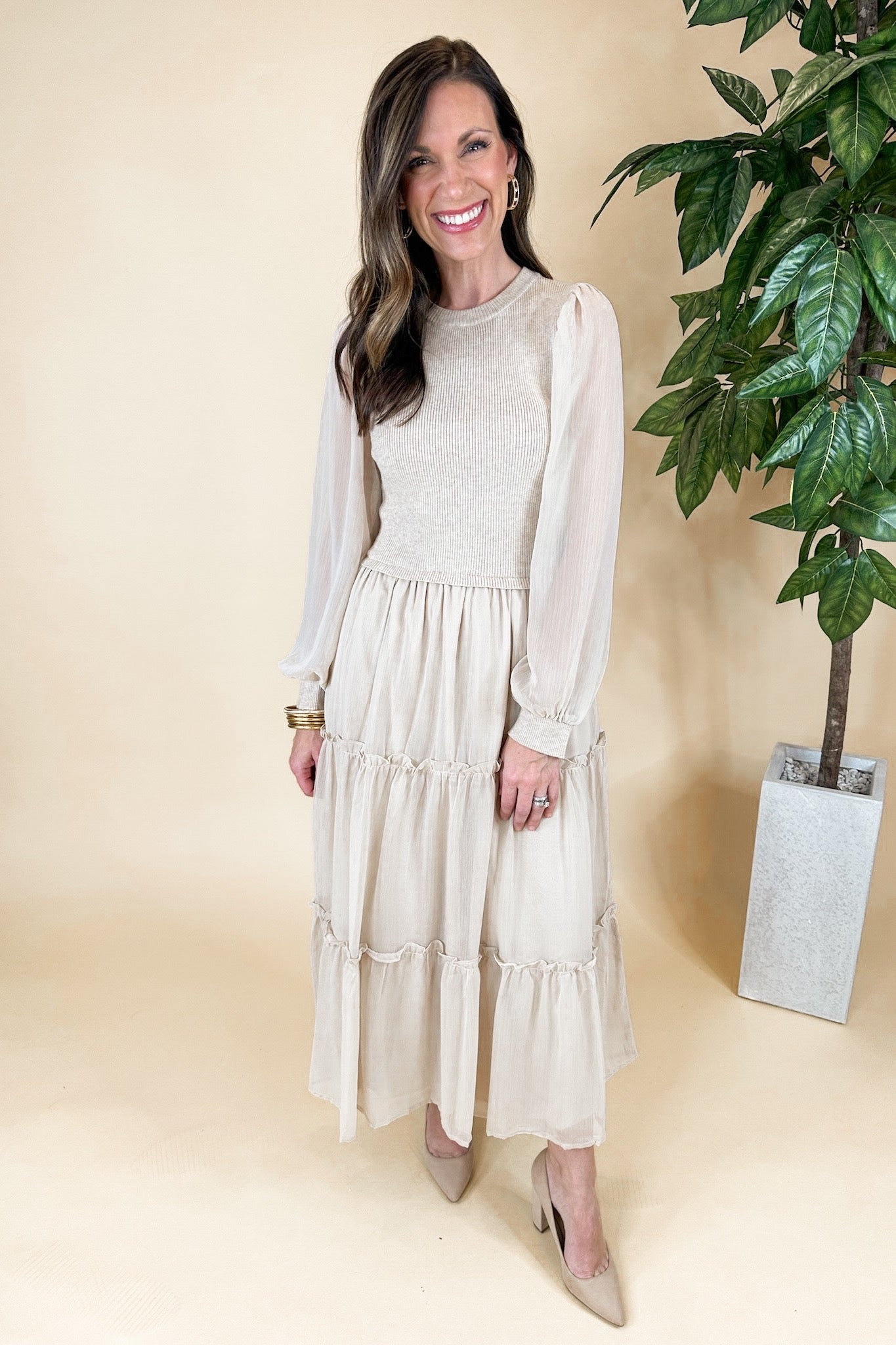 Neutral Ribbed Scoop Neck Sheer Sleeve Tiered Midi Dress