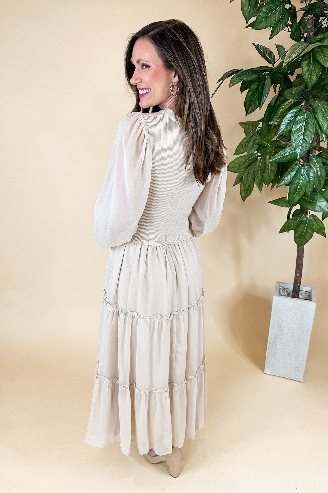 Neutral Ribbed Scoop Neck Sheer Sleeve Tiered Midi Dress