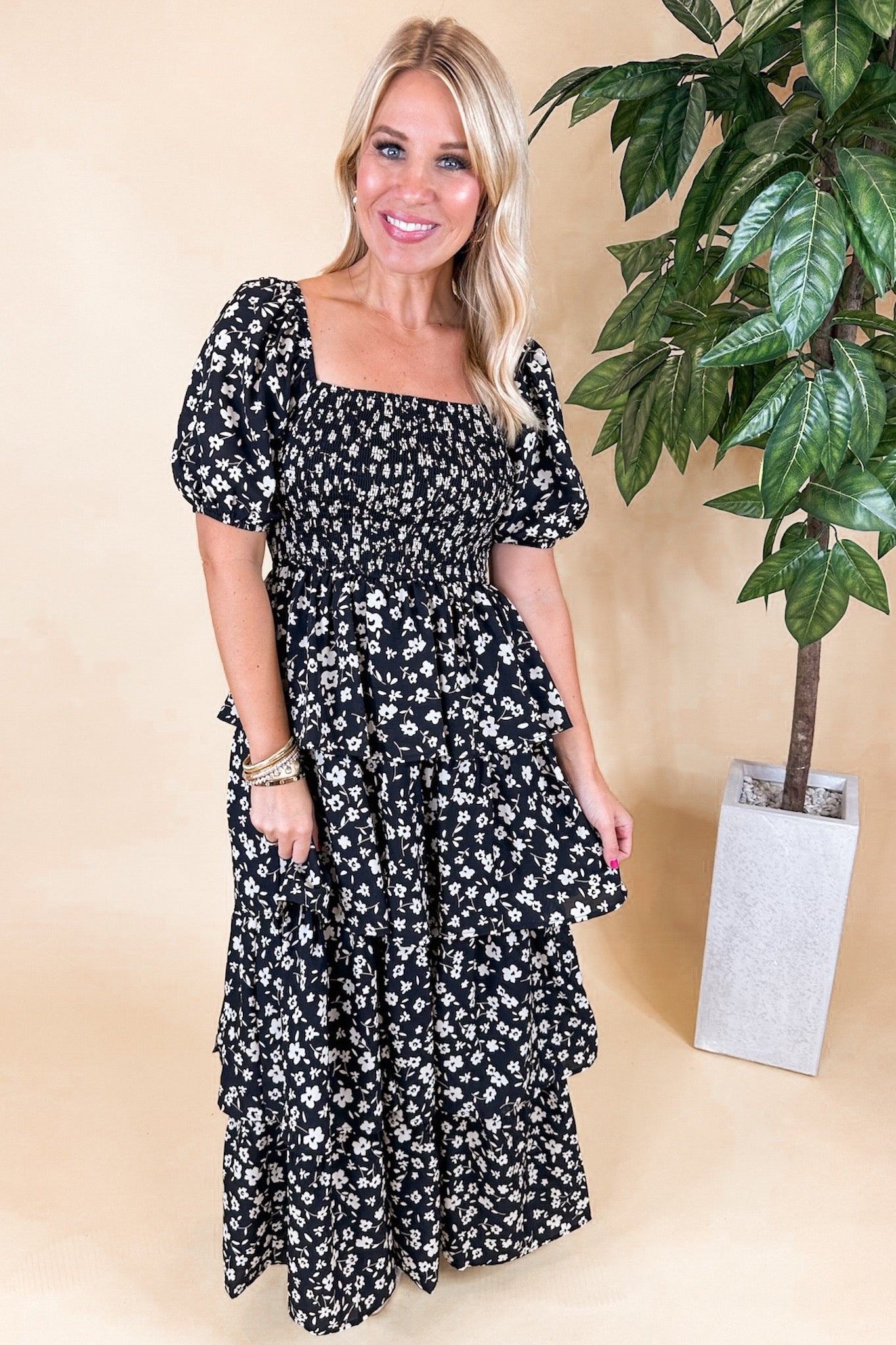 Smocked Floral Square Neck Tiered Pocketed Maxi Dress in Black/Ivory