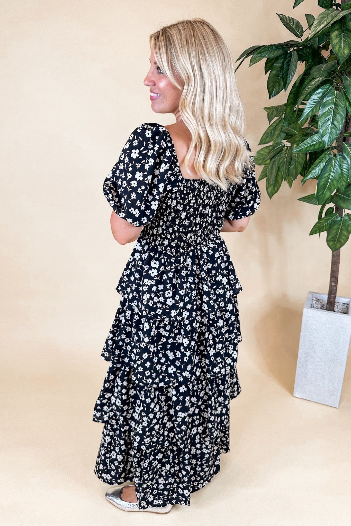 Smocked Floral Square Neck Tiered Pocketed Maxi Dress in Black/Ivory