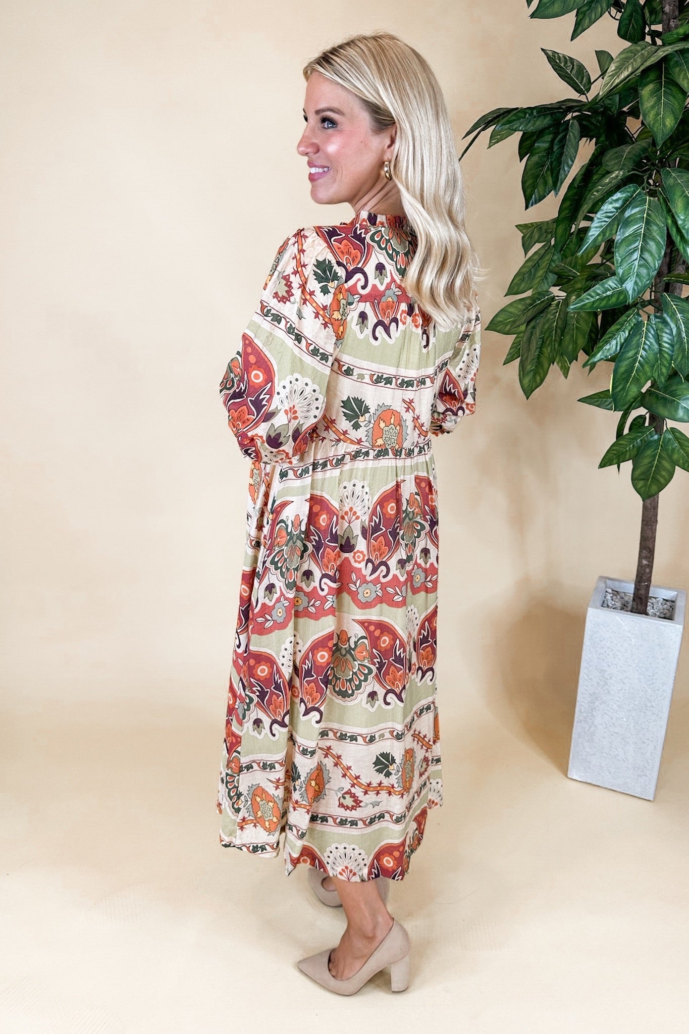 Earth Toned Ruffle Tie Neck Ruched Sleeve Boho Midi Dress