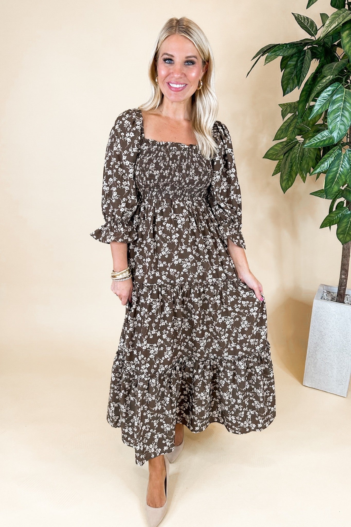 Brown Smocked Ditsy Floral Peasant Sleeve Tiered Midi Dress