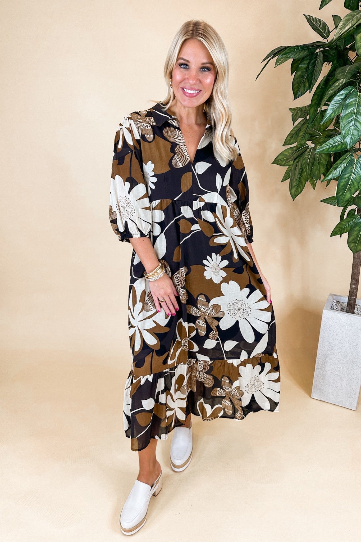 Collared Abstract Floral Lined Midi Dress in Camel Mix