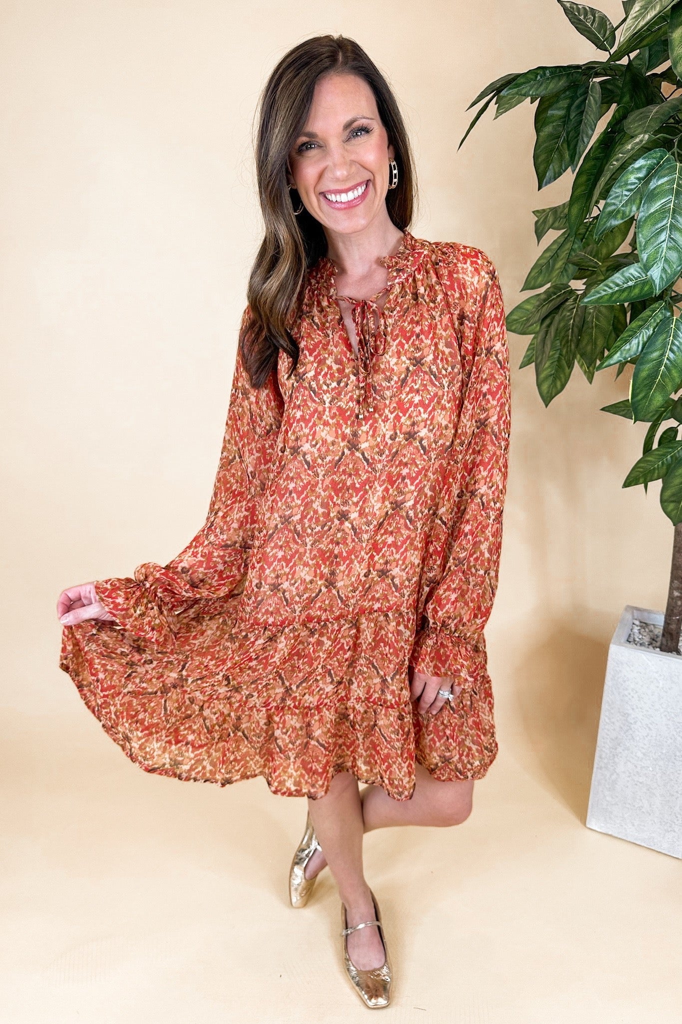 Long Sleeve Shift Floral Drop Waist Dress