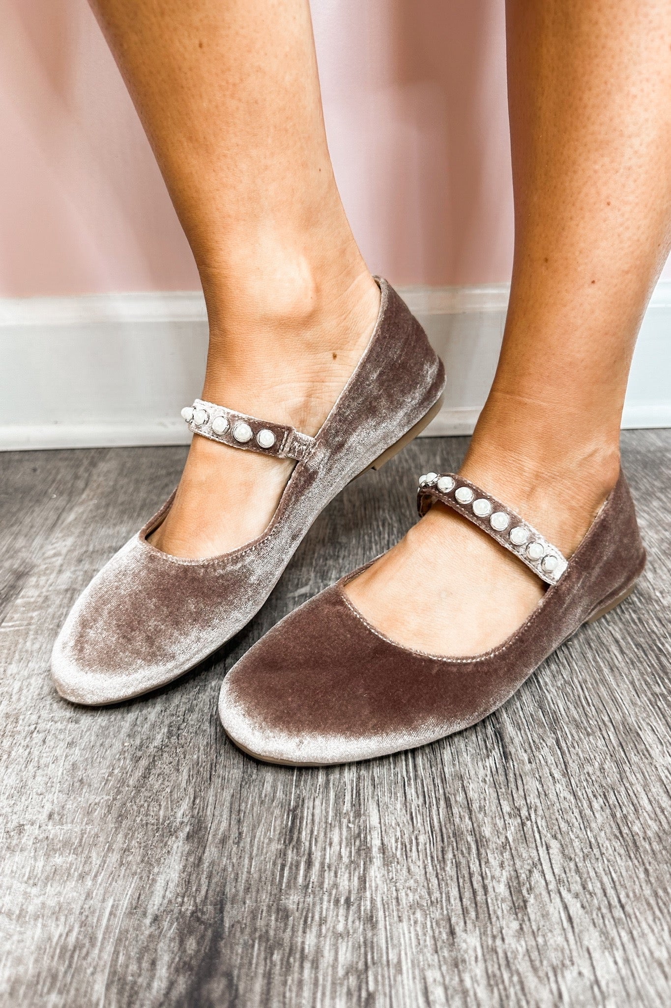 Pearl Studded Corkys Velvet Ballet Flats in Taupe