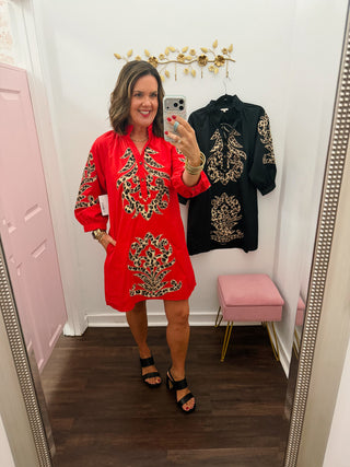 Leopard Luxe Shift Dress in Red