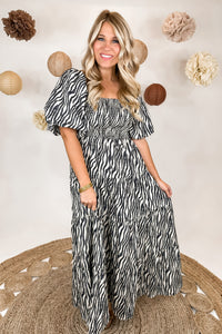 Smocked Bubble Sleeve Tiered Maxi Dress in Zebra Print