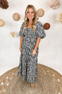 Smocked Bubble Sleeve Tiered Maxi Dress in Zebra Print