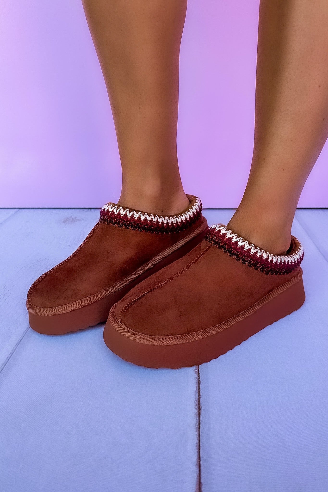 Designer Lookalike Suede Platform Slippers in Cognac