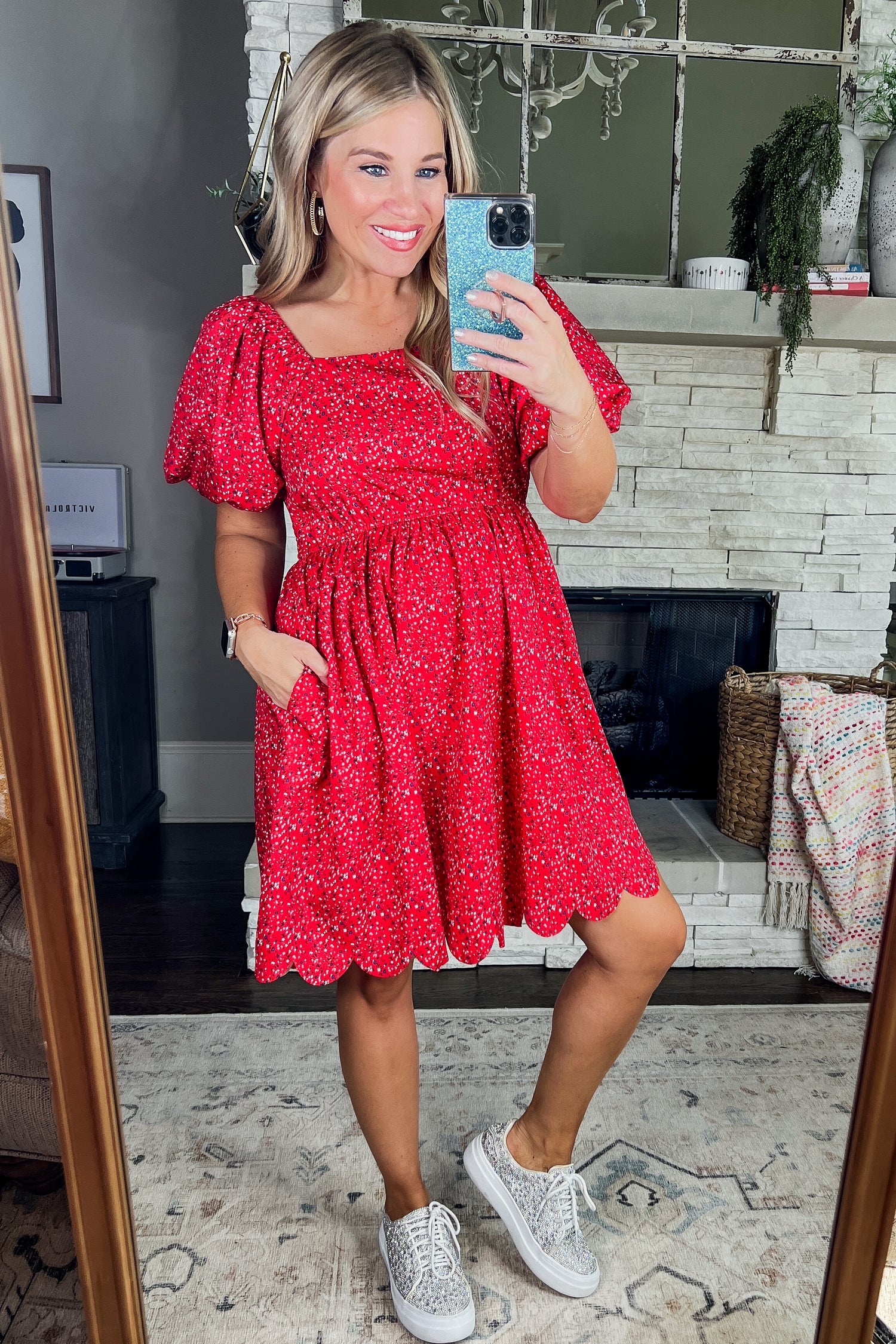 Red Ditzy Floral Dress with Pockets & Scalloped Hem