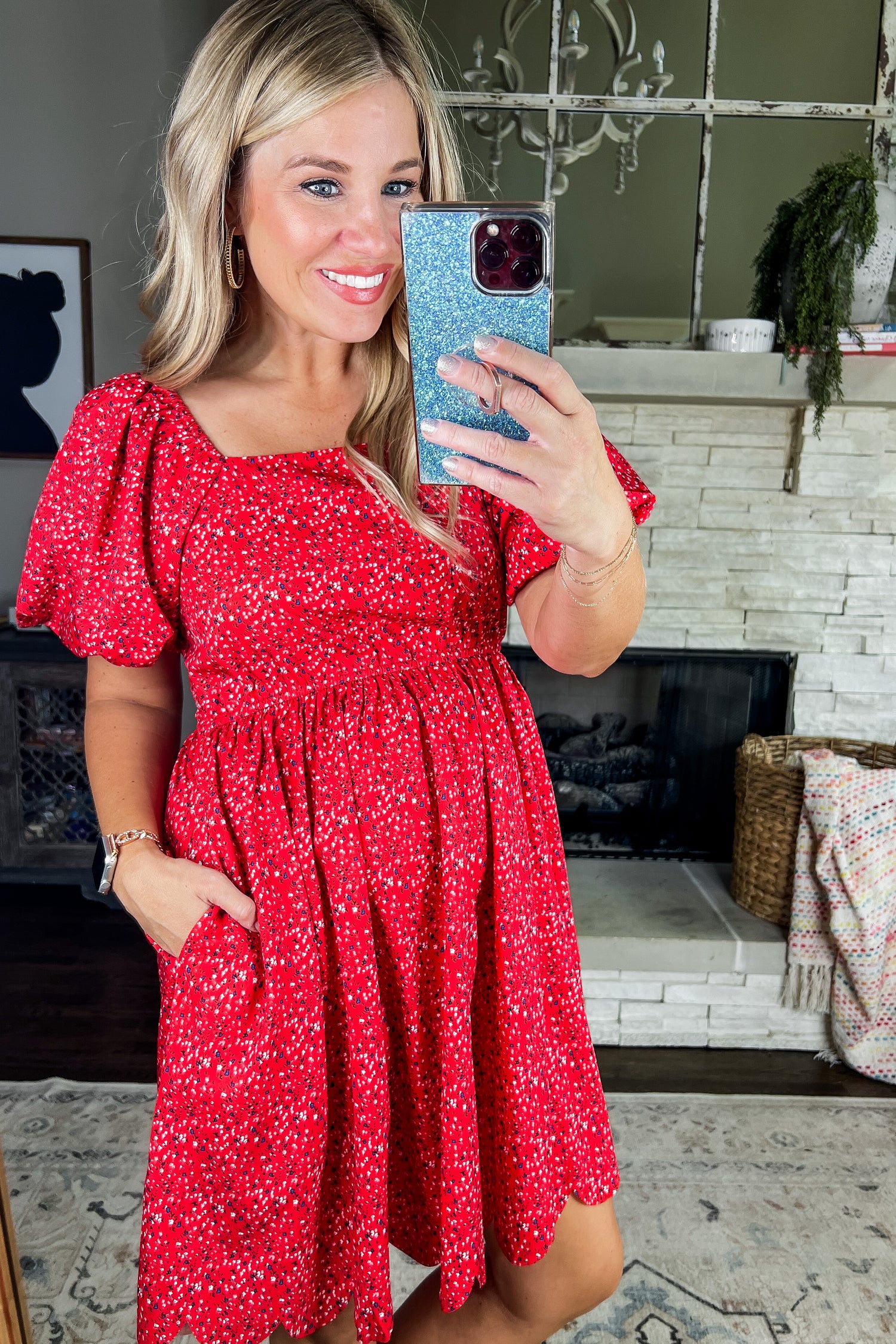 Red Ditzy Floral Dress with Pockets & Scalloped Hem