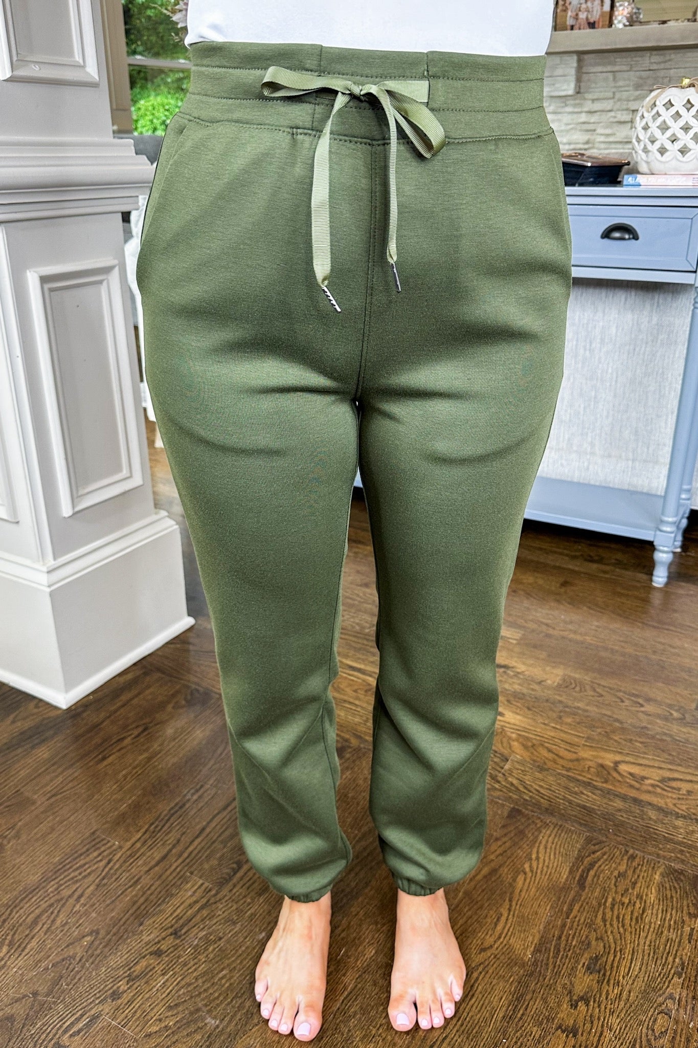 The Hamptons Buttery Soft Ribbon Tie Waist Joggers in Olive