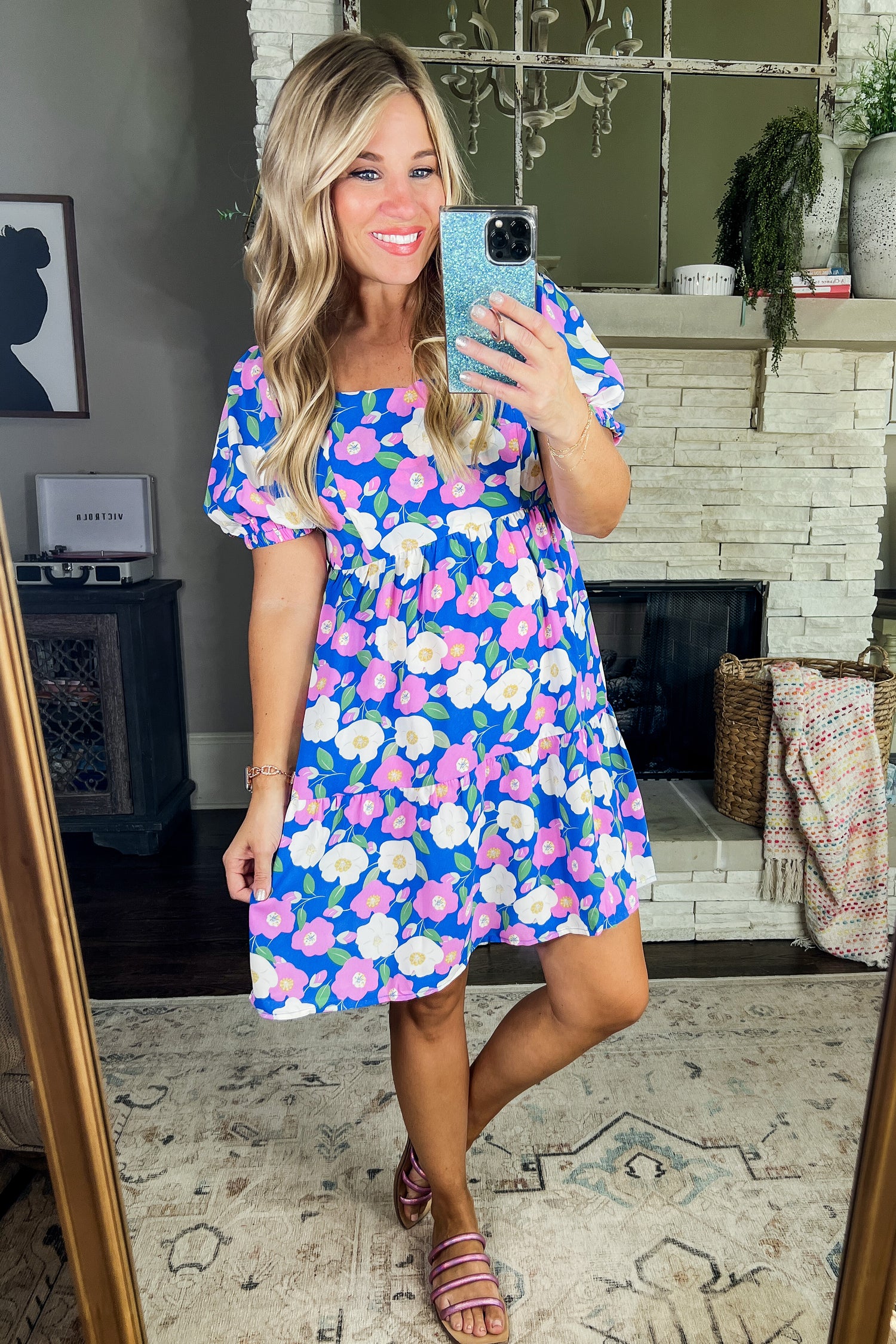 Blue Floral Print Dress with Pockets
