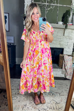 Load image into Gallery viewer, Pink &amp; Pale Yellow Smocked Bust Midi Length Dress