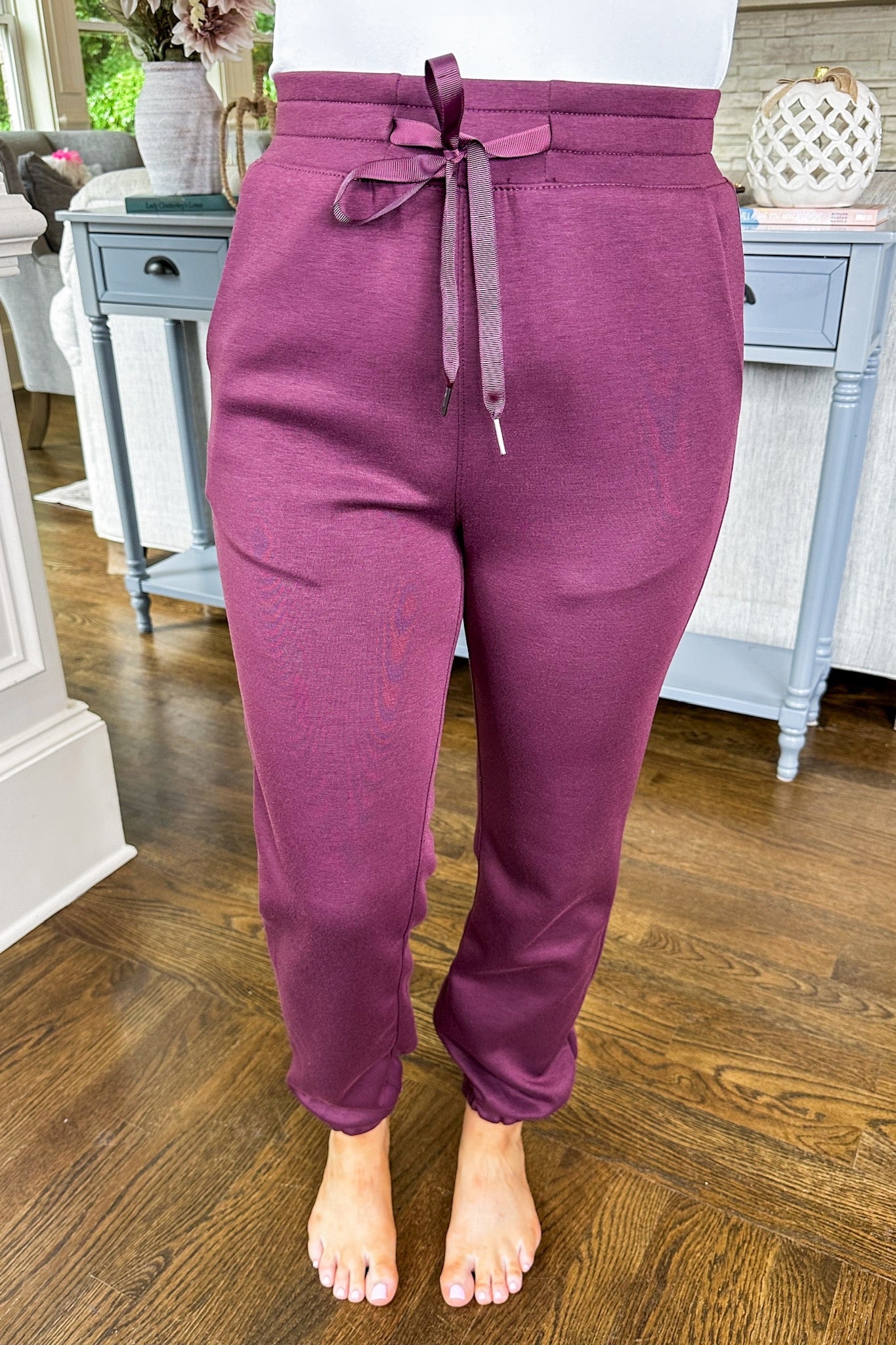 The Hamptons Buttery Soft Ribbon Tie Waist Joggers in Wine