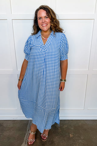 Picnic Perfect Gingham Midi Dress in Blue Jules & James Boutique Picnic Perfect Gingham Midi Dress in Blue Jules & James Boutique
