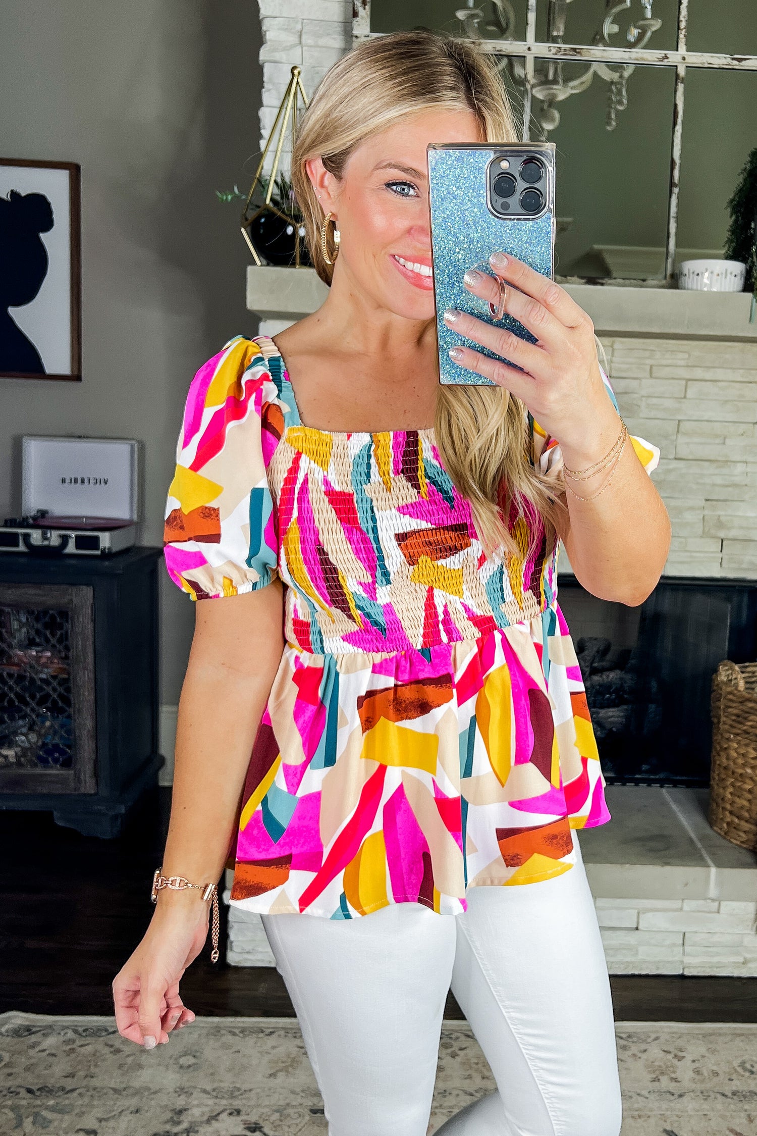 Colorful Abstract Smocked Top