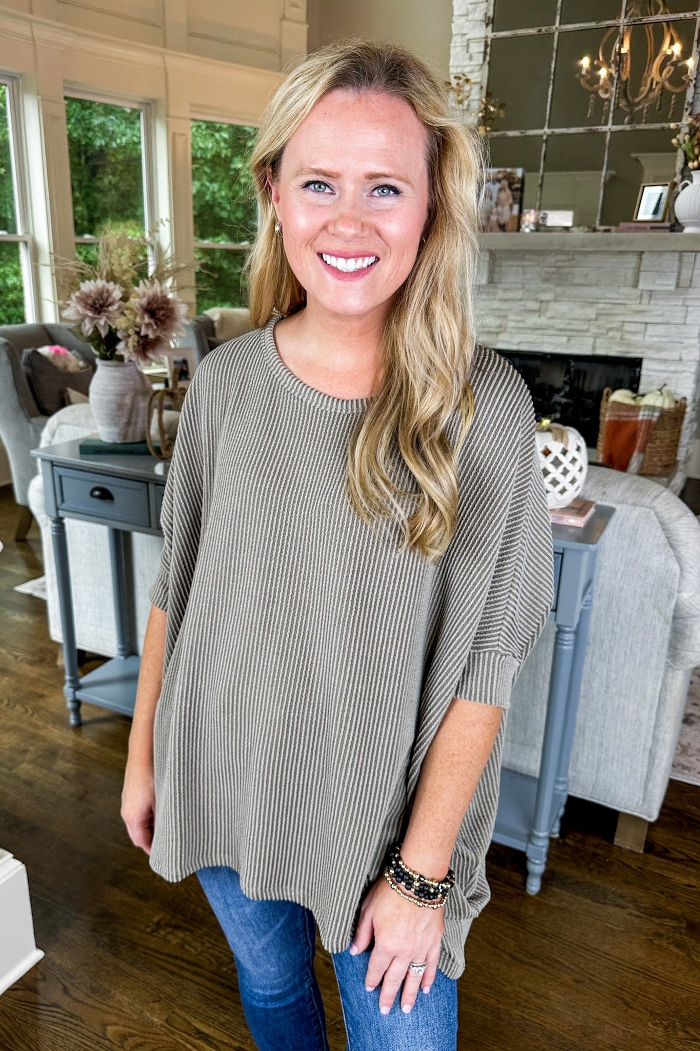 The Hailey Ribbed Poncho Top in Dark Olive