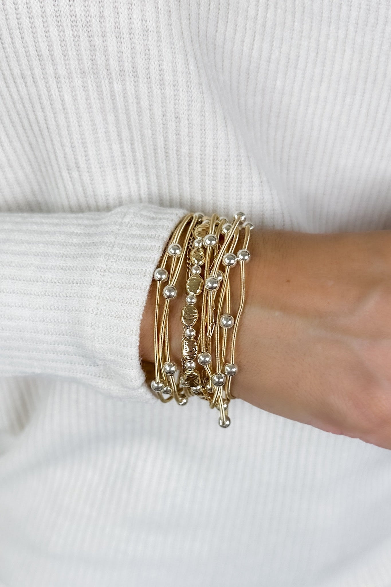 Silver Beaded Gold Stretchy Wired Set of 10 Bracelet Stack