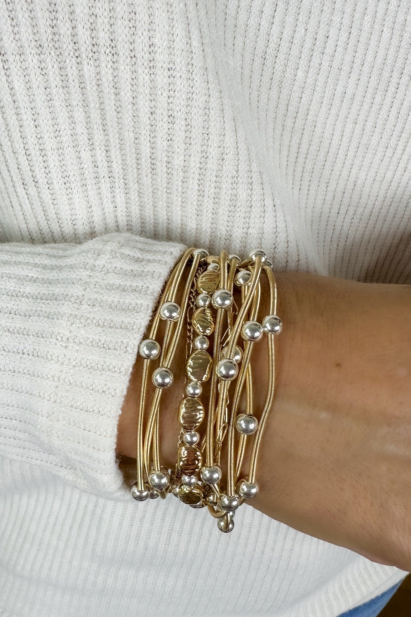 Silver Beaded Gold Stretchy Wired Set of 10 Bracelet Stack