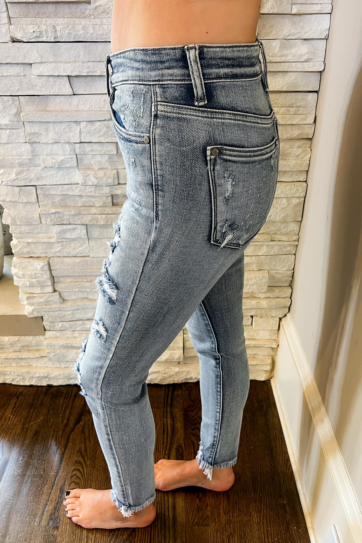 The Leah Button Fly Distressed Skinny Judy Blue Jean