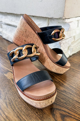 On Vacay Gold Chain Double Strap Corky's Wedge in Black