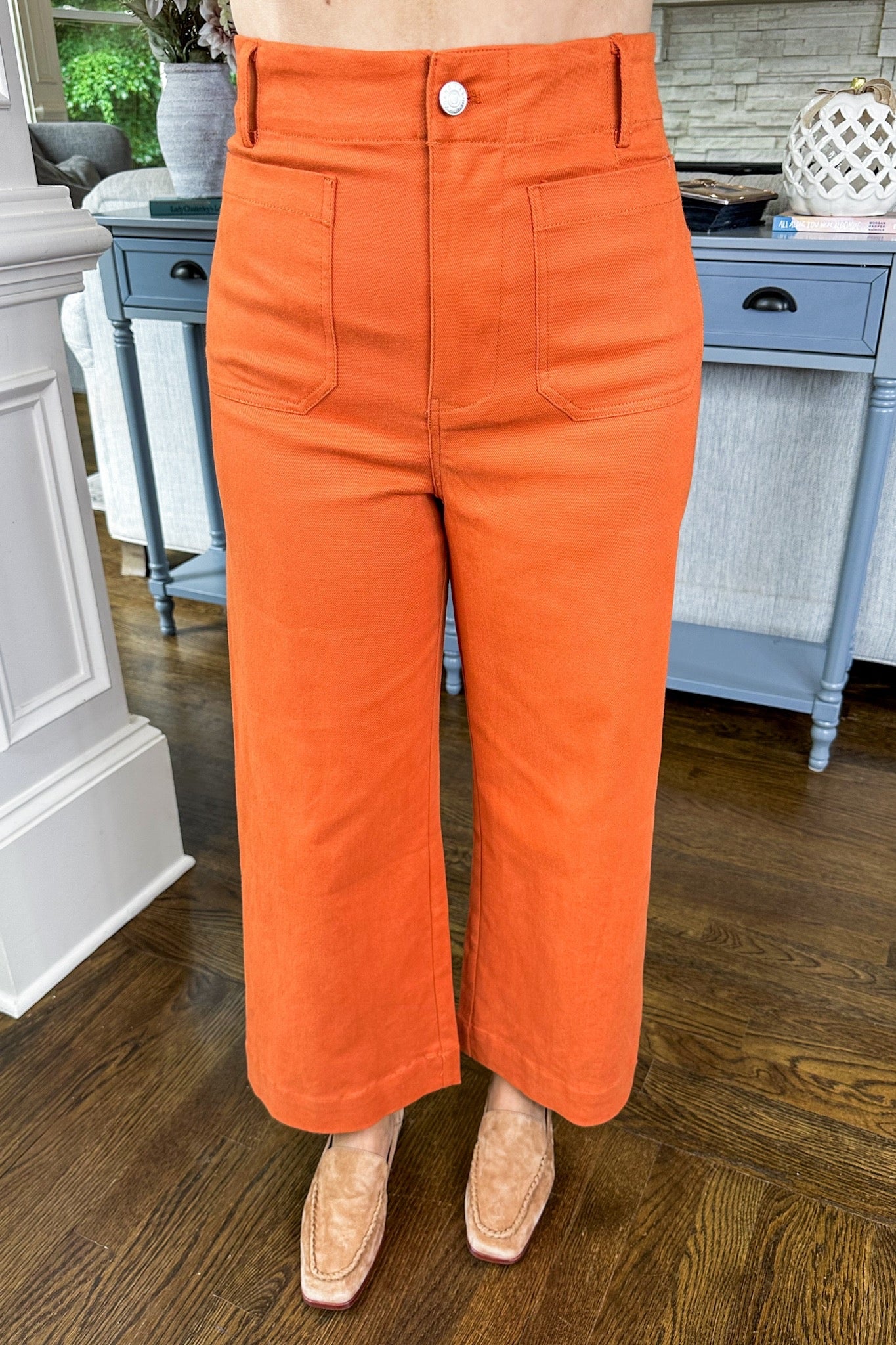 Patch Pocket Stretchy Cropped Wide Leg Jeans in Rust