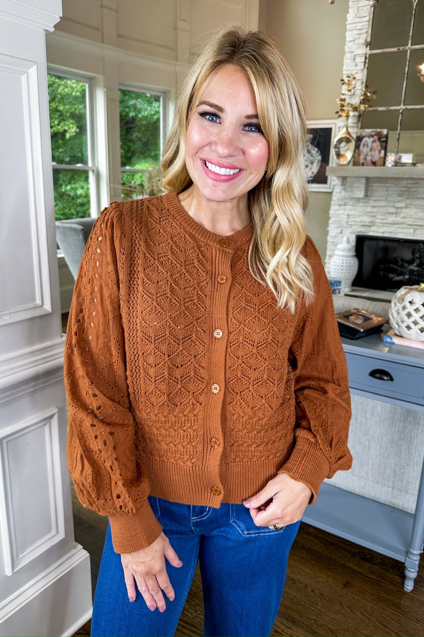 Crochet Knit Button Down Eyelet Sleeve Rust Sweater Cardigan