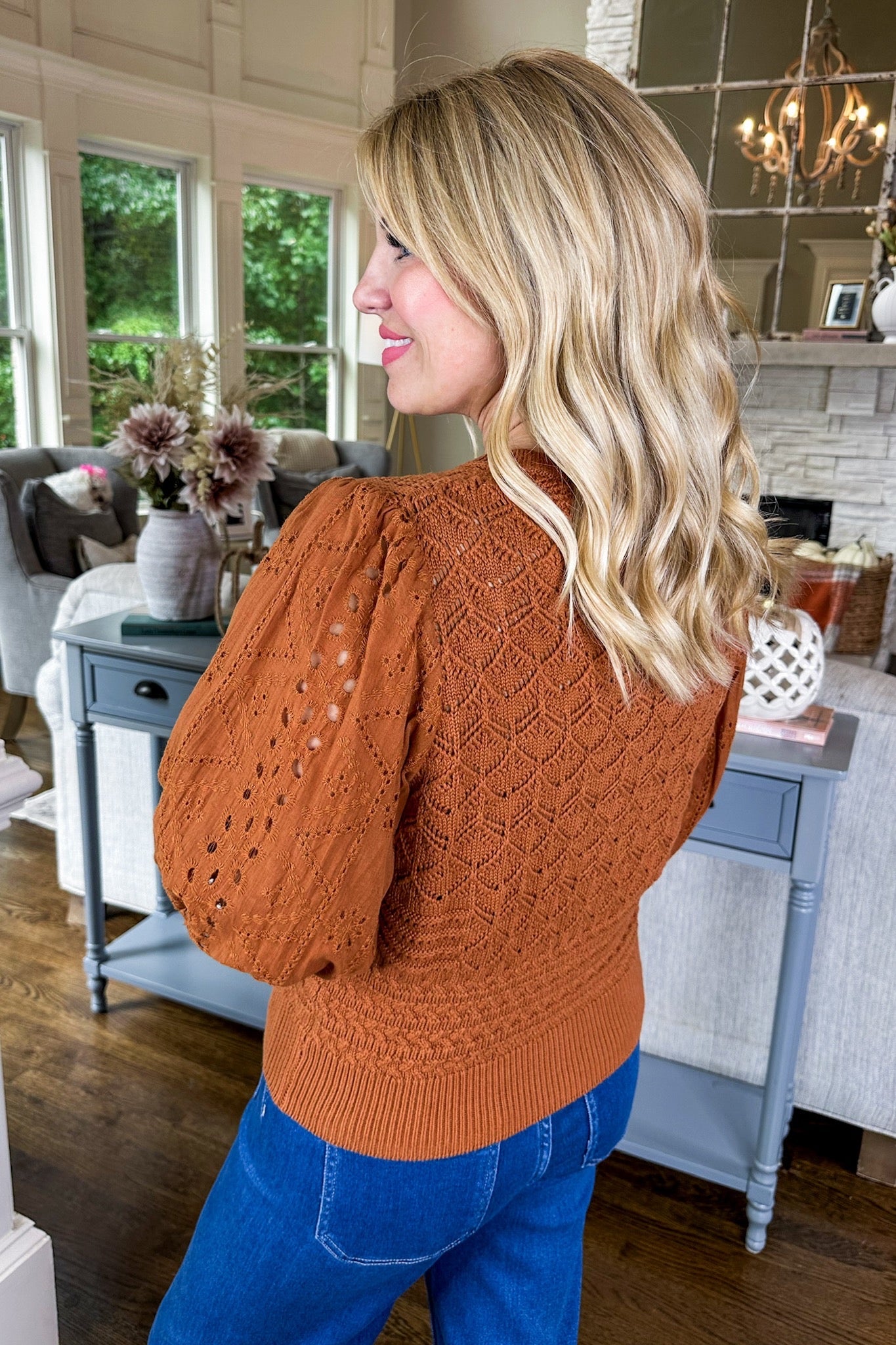 Crochet Knit Button Down Eyelet Sleeve Rust Sweater Cardigan