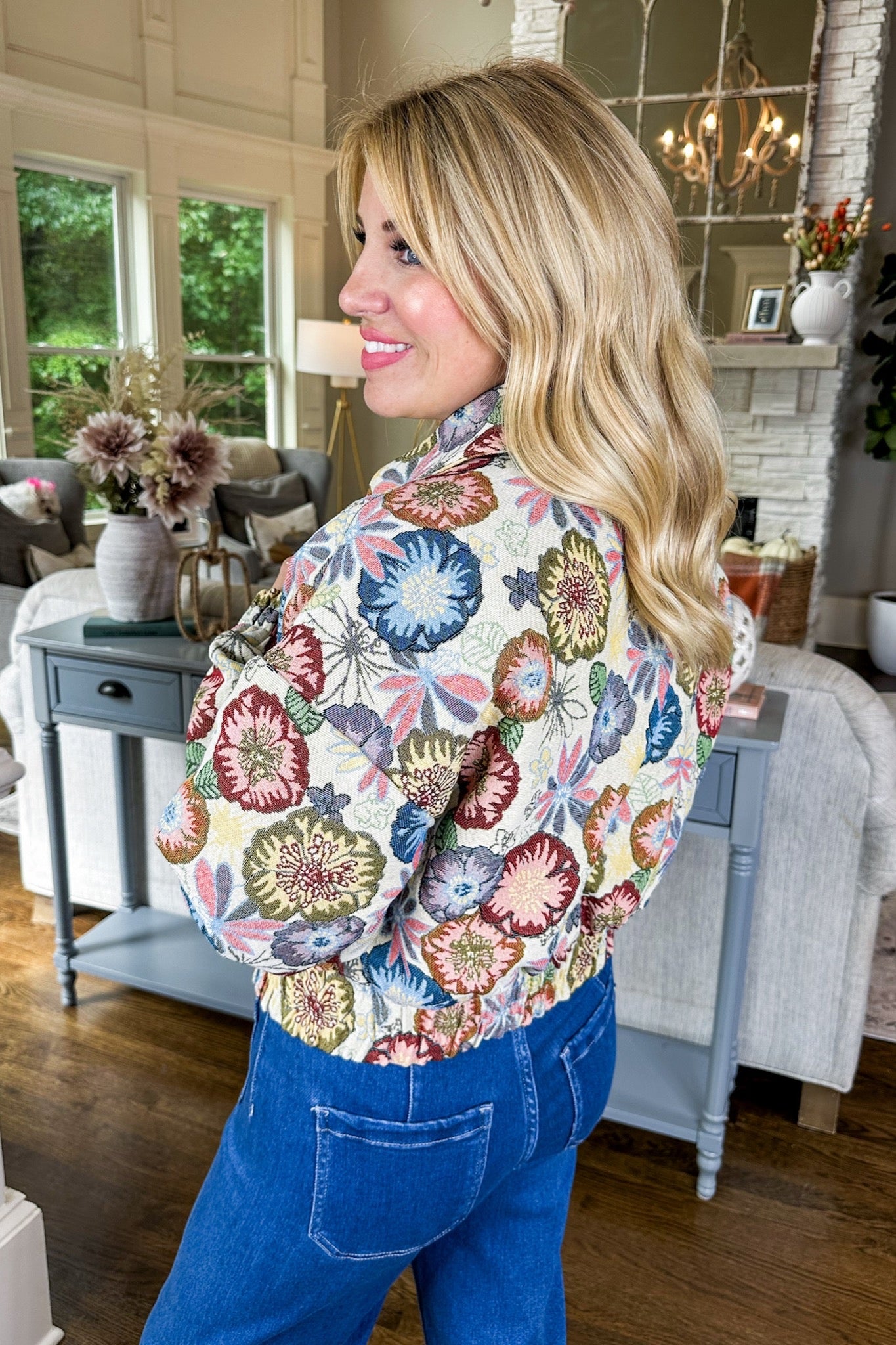 Flower Power Vintage Fabric Cropped Bomber Jacket