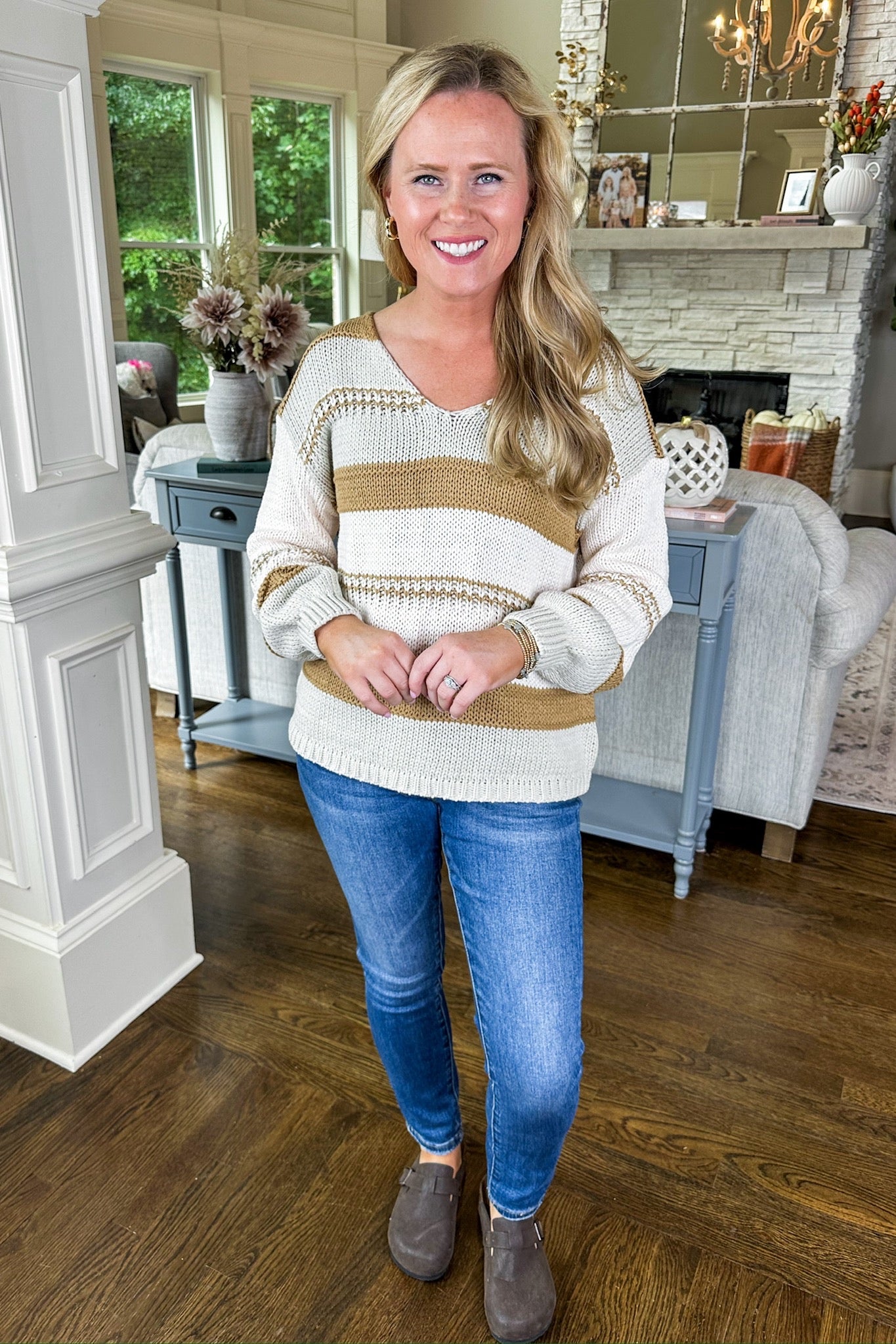 Striped Mocha & Taupe V Neck Chunky Knit Sweater