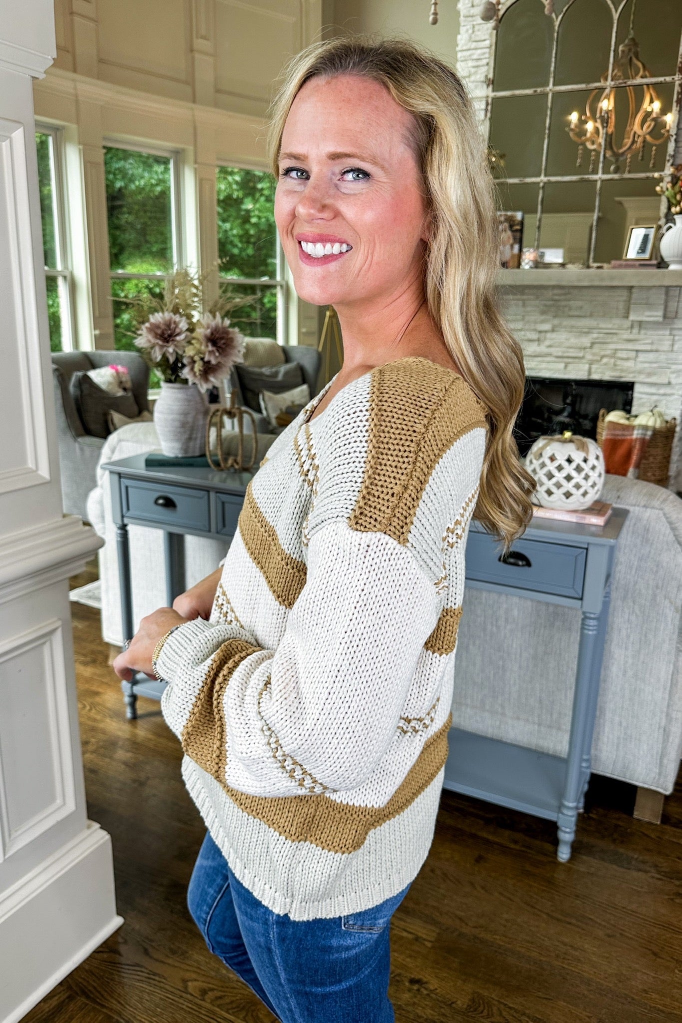 Striped Mocha & Taupe V Neck Chunky Knit Sweater