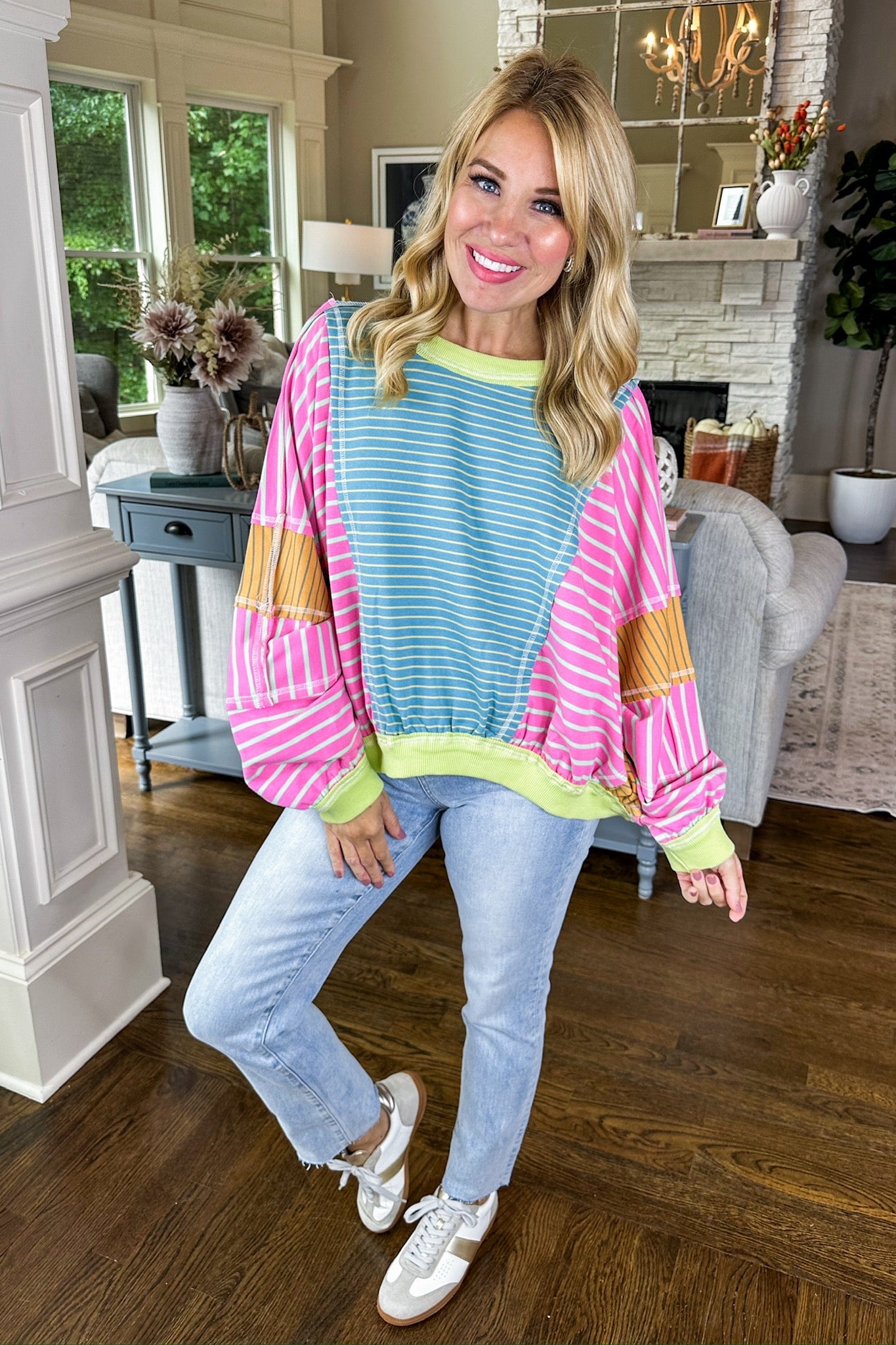 Multi Color Striped Color Block Exposed Seam Top