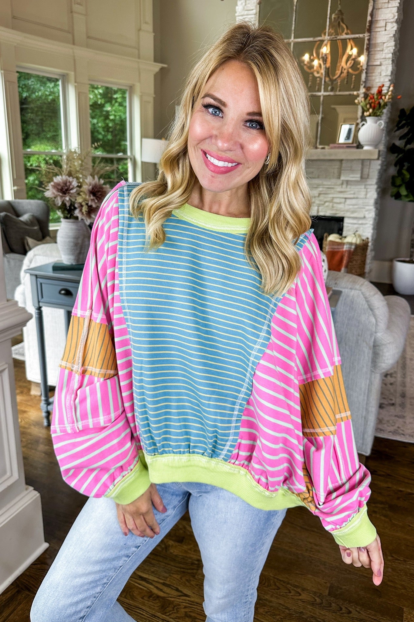 Multi Color Striped Color Block Exposed Seam Top