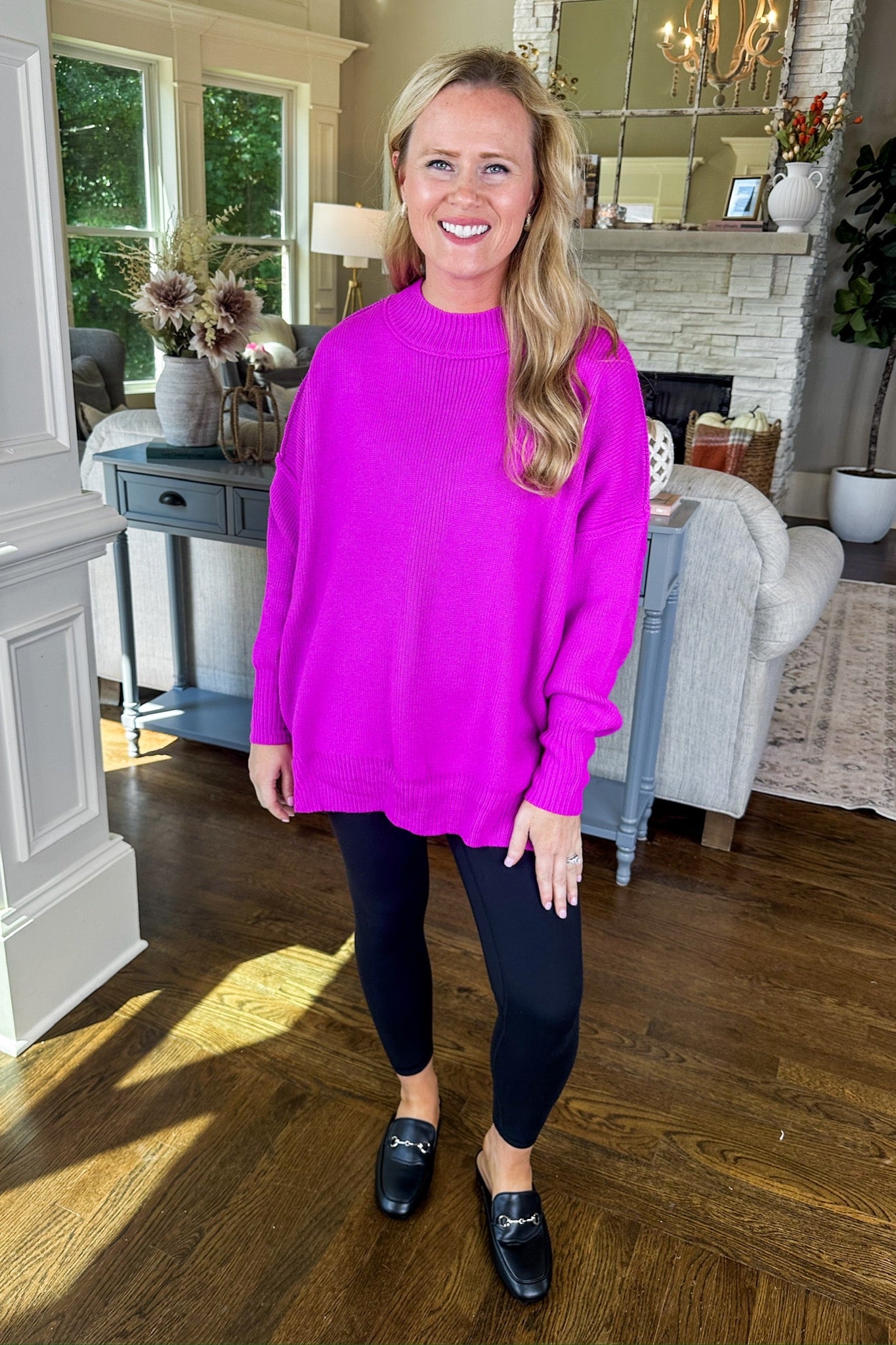 Oversized Exposed Seam Drop Shoulder Sweater in Magenta