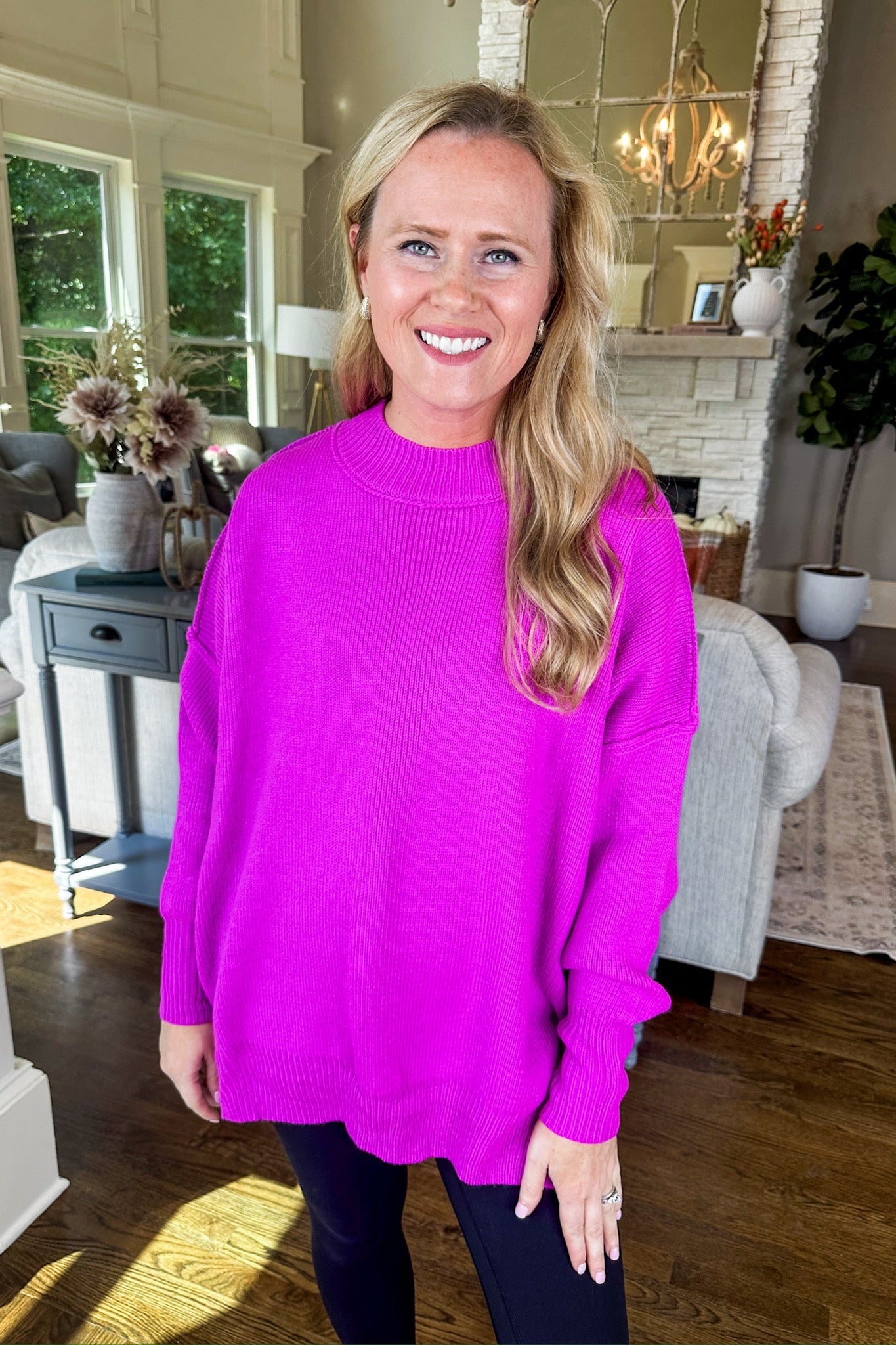 Oversized Exposed Seam Drop Shoulder Sweater in Magenta