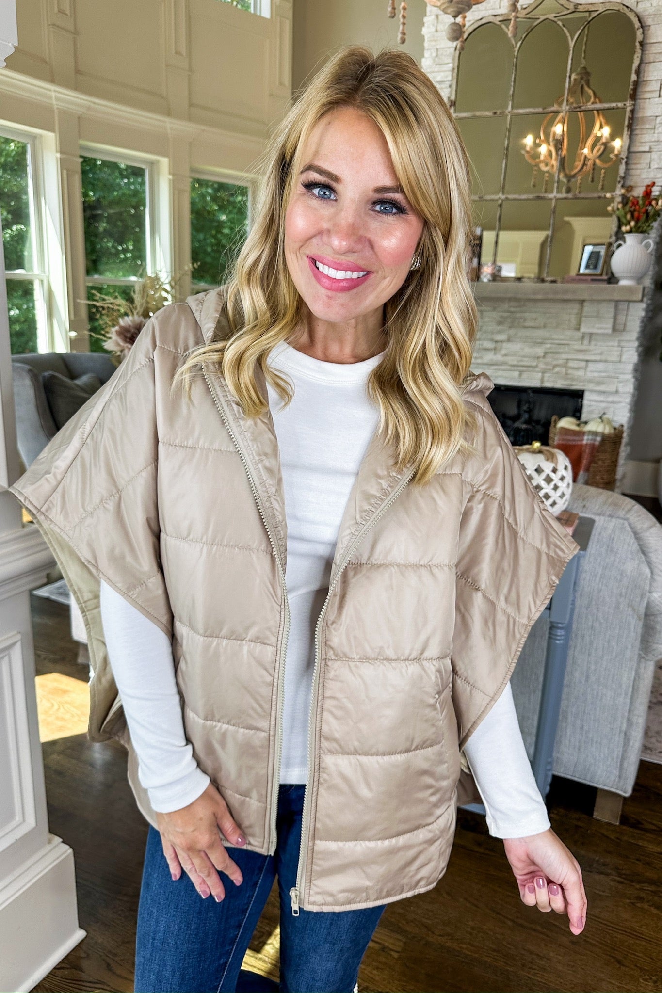 Oversized Beige Zip Up Puffer Hooded Layering Poncho