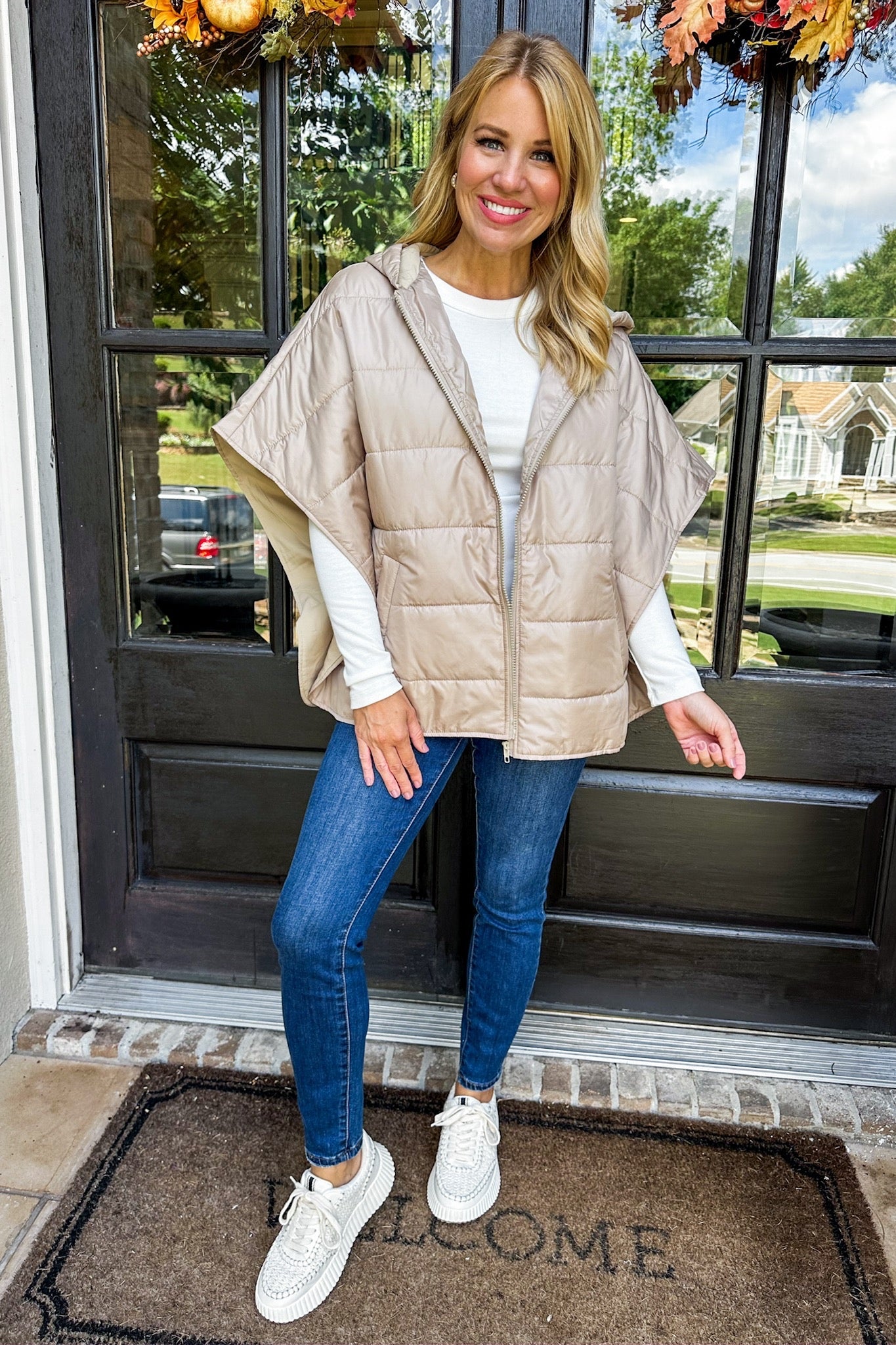 Oversized Beige Zip Up Puffer Hooded Layering Poncho